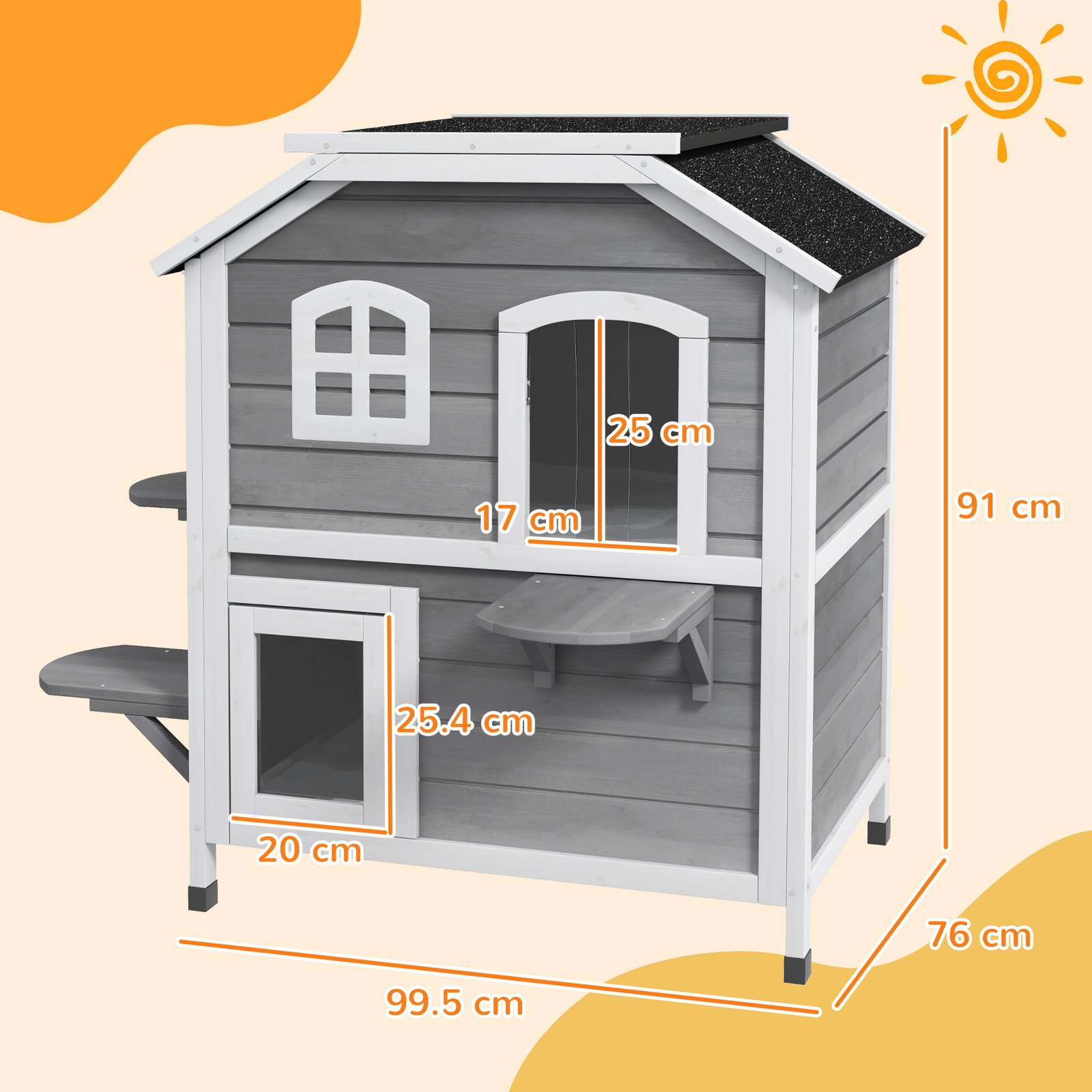  2-story Cat House Outdoor, Weatherproof Wooden Cat Enclosure with Escape Door, Openable Roof, Jumping Platforms, Grey