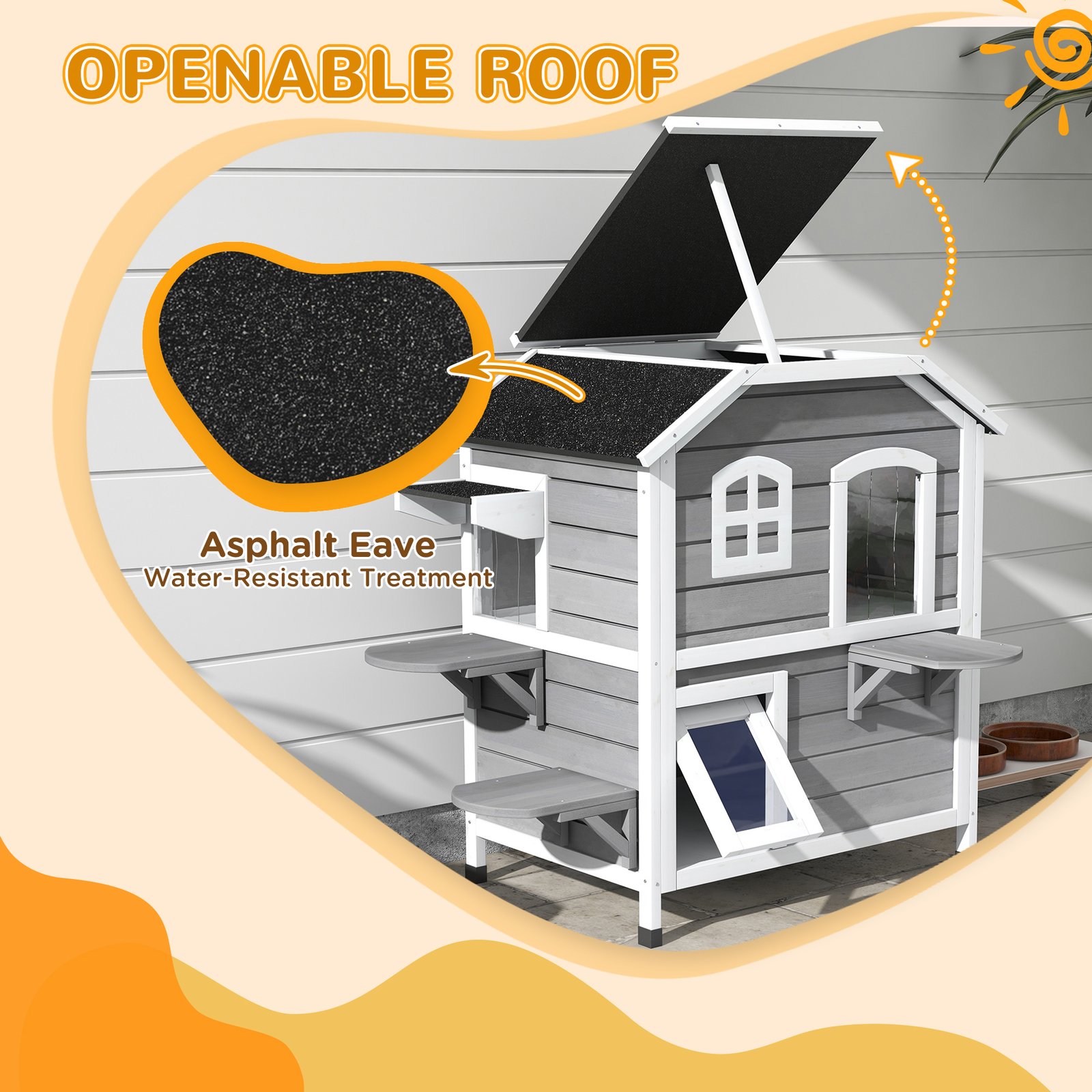  2-story Cat House Outdoor, Weatherproof Wooden Cat Enclosure with Escape Door, Openable Roof, Jumping Platforms, Grey