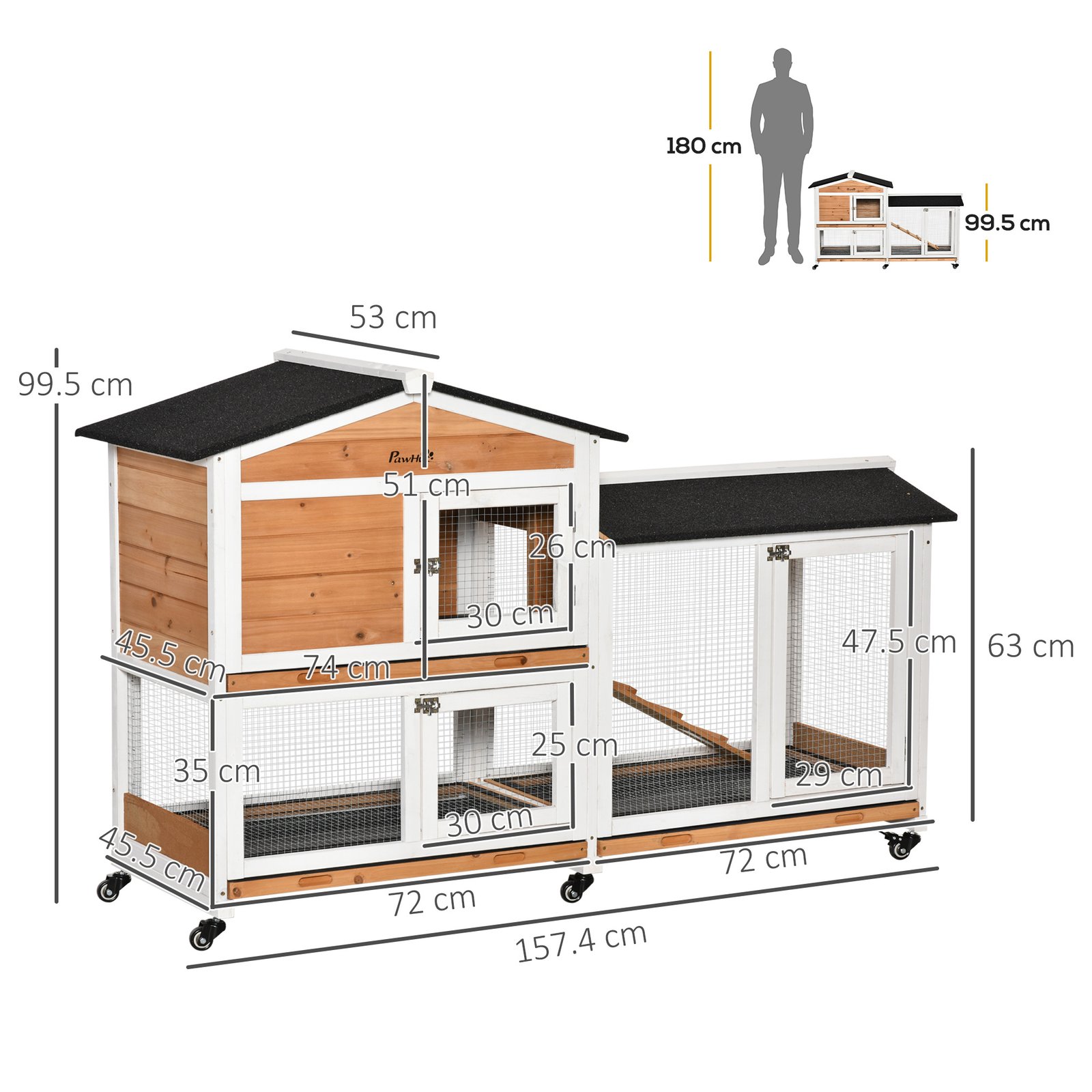 Rabbit Hutch Outdoor with Run Guinea Pig Hutch 2-Tier Bunny Cage w/ Wheels No-Leak Plastic Tray 157.4 x 53 x 99.5 cm - Yellow