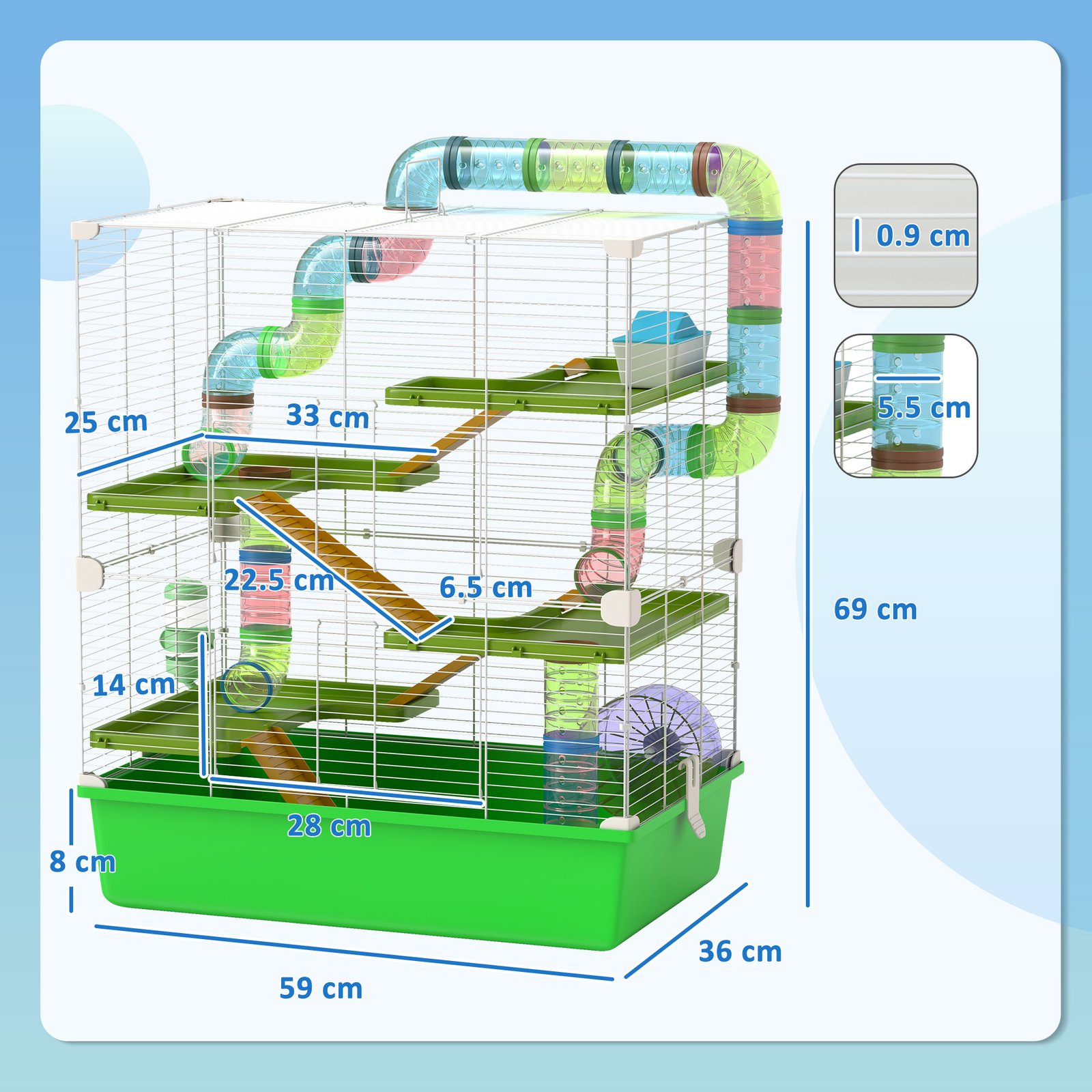 Hamster Cage w/ Water Bottle, Exercise Wheel, Tubes, Ramps - Green