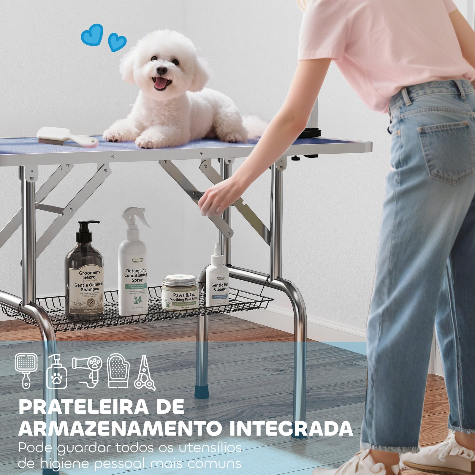 42" Dog Grooming Table, Adjustable Pet Cat Drying Beauty Table with 2 Loops Storage Basket, Rubber Top, Blue