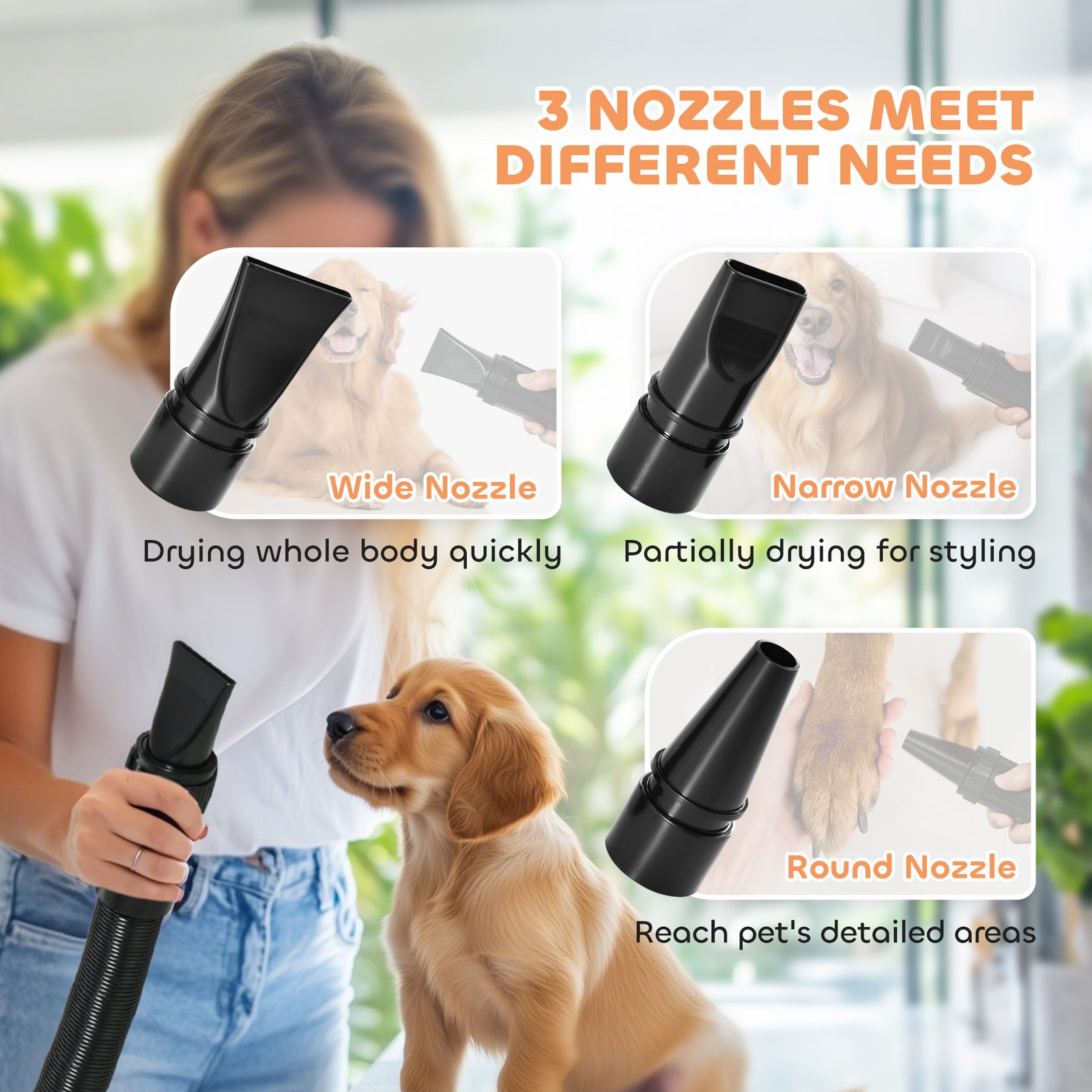 2200W Dog Hair Dryer with Adjustable Temperature & Velocity, 3 Different Nozzles, Black