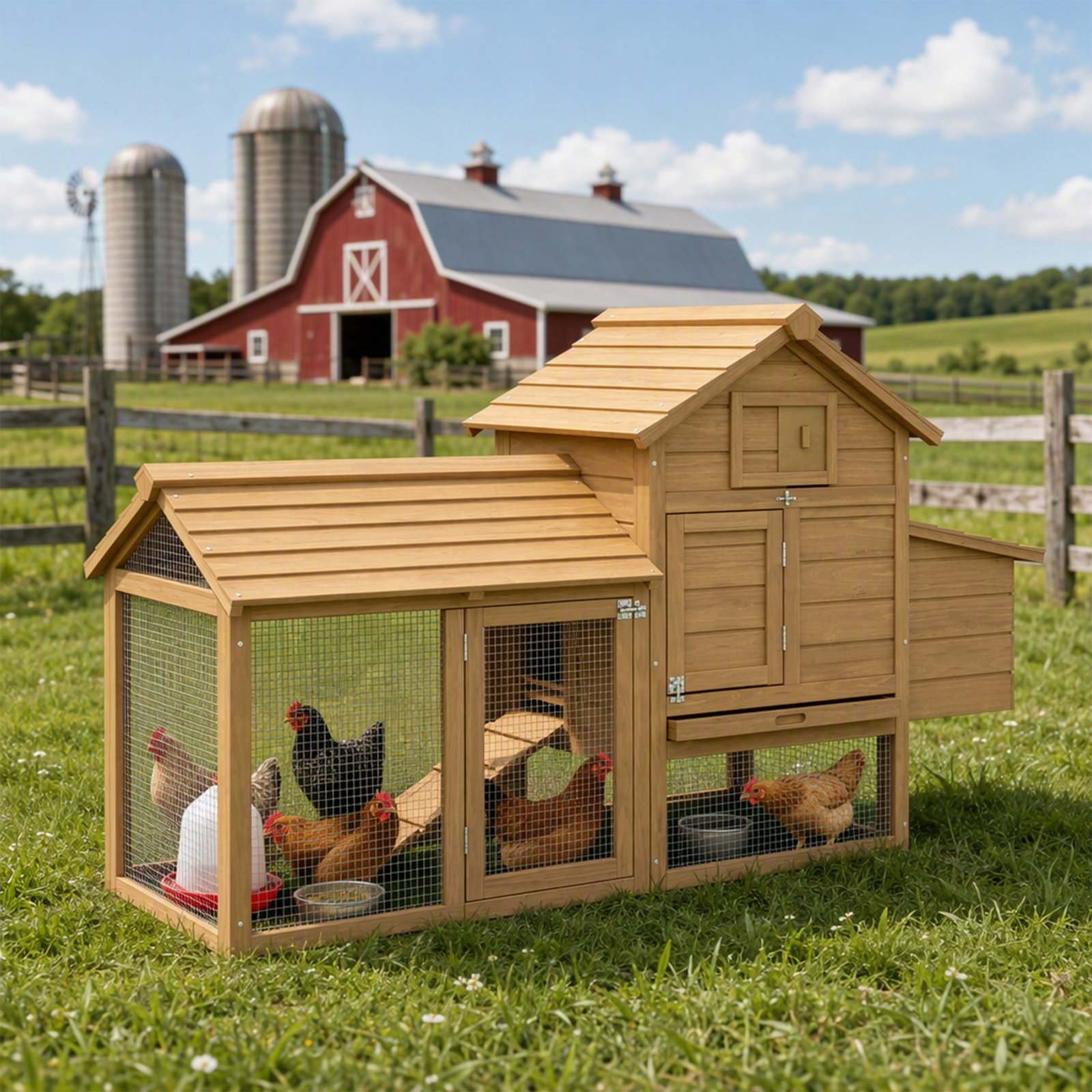 Small Chicken Coop with Nesting Box & Run, Hen House Poultry Coops Cages for 1-2 Chickens Wood 150.5 x 54 x 87cm