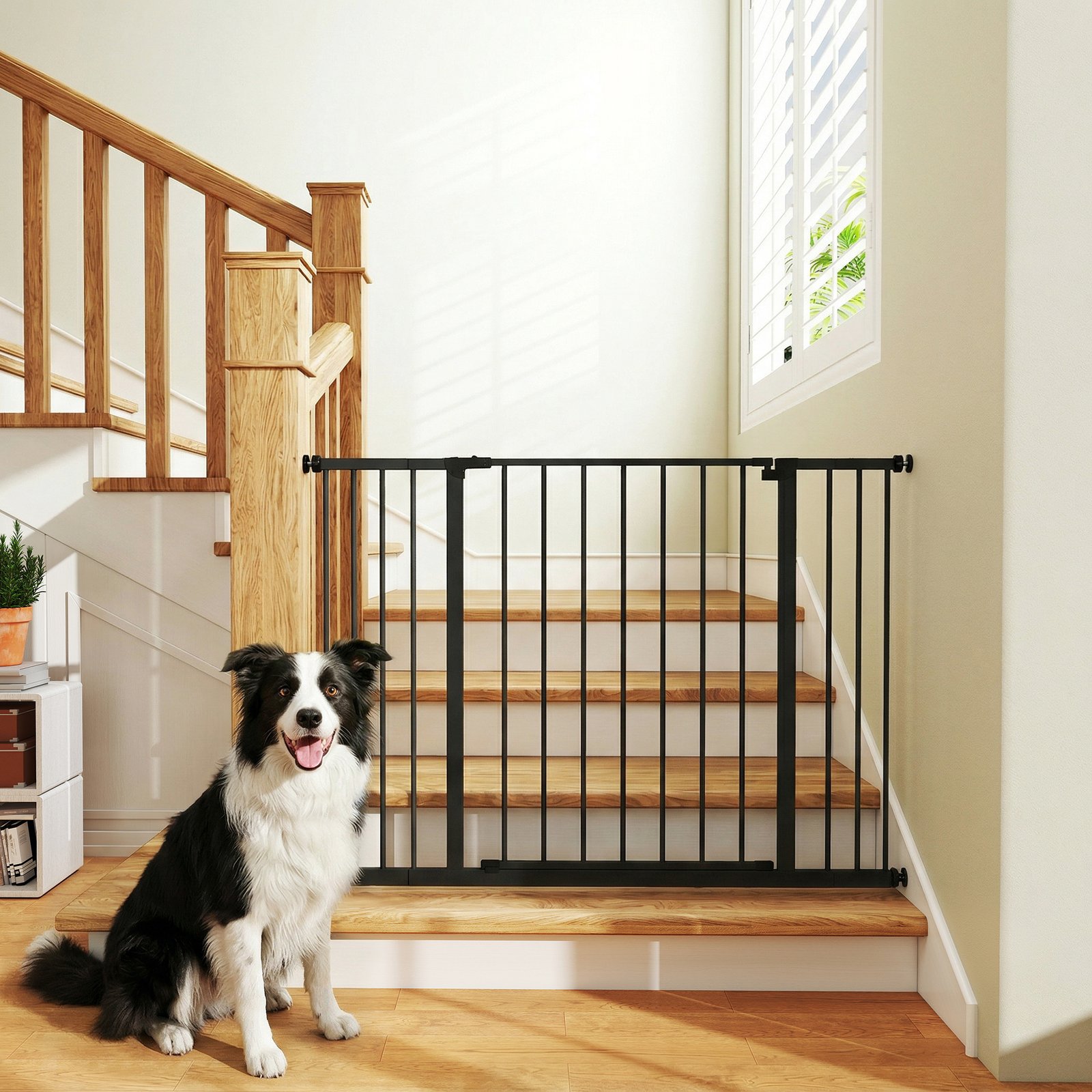 Dog Gate Pet Safety Gate Stair Barrier Pressure Mount Adjustable 76-82/86-97/101-107 cm, Black