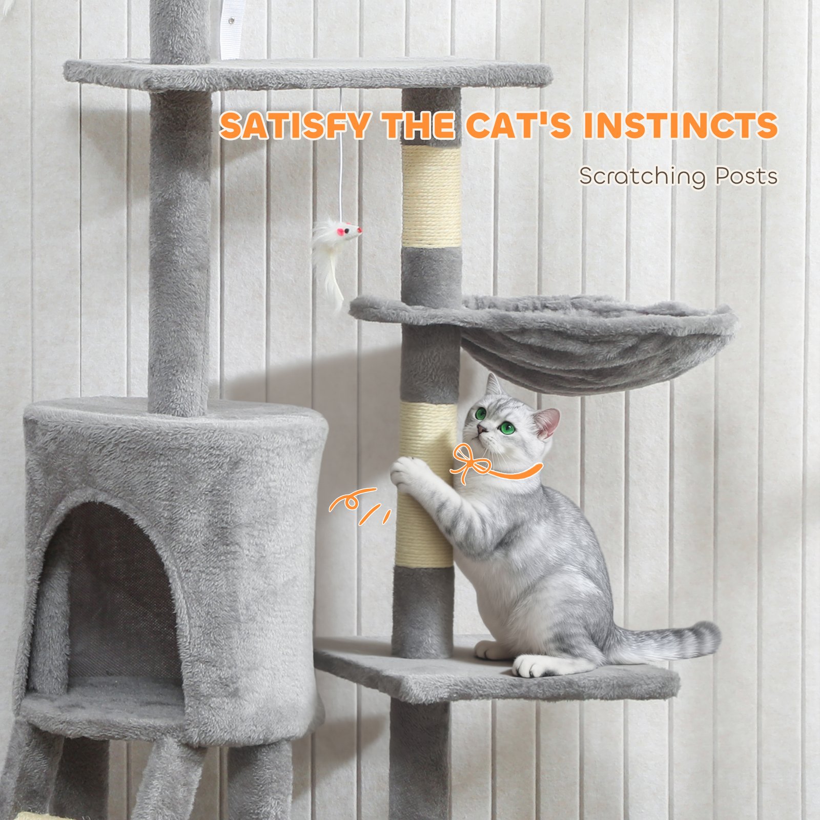 Multi-Level Cat Tower, 134cm Cat Tree with Condo and Sisal Scratching Posts for Indoor Kittens, Grey - Image 7