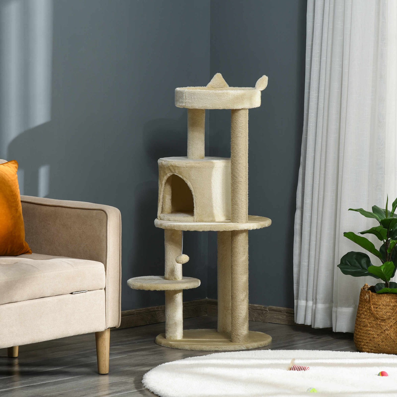 104 cm Cat Tree, Cat Condo Tree Tower, Cat Activity Centre with Scratching Posts, Plush Perches, Hanging Ball - Cream White