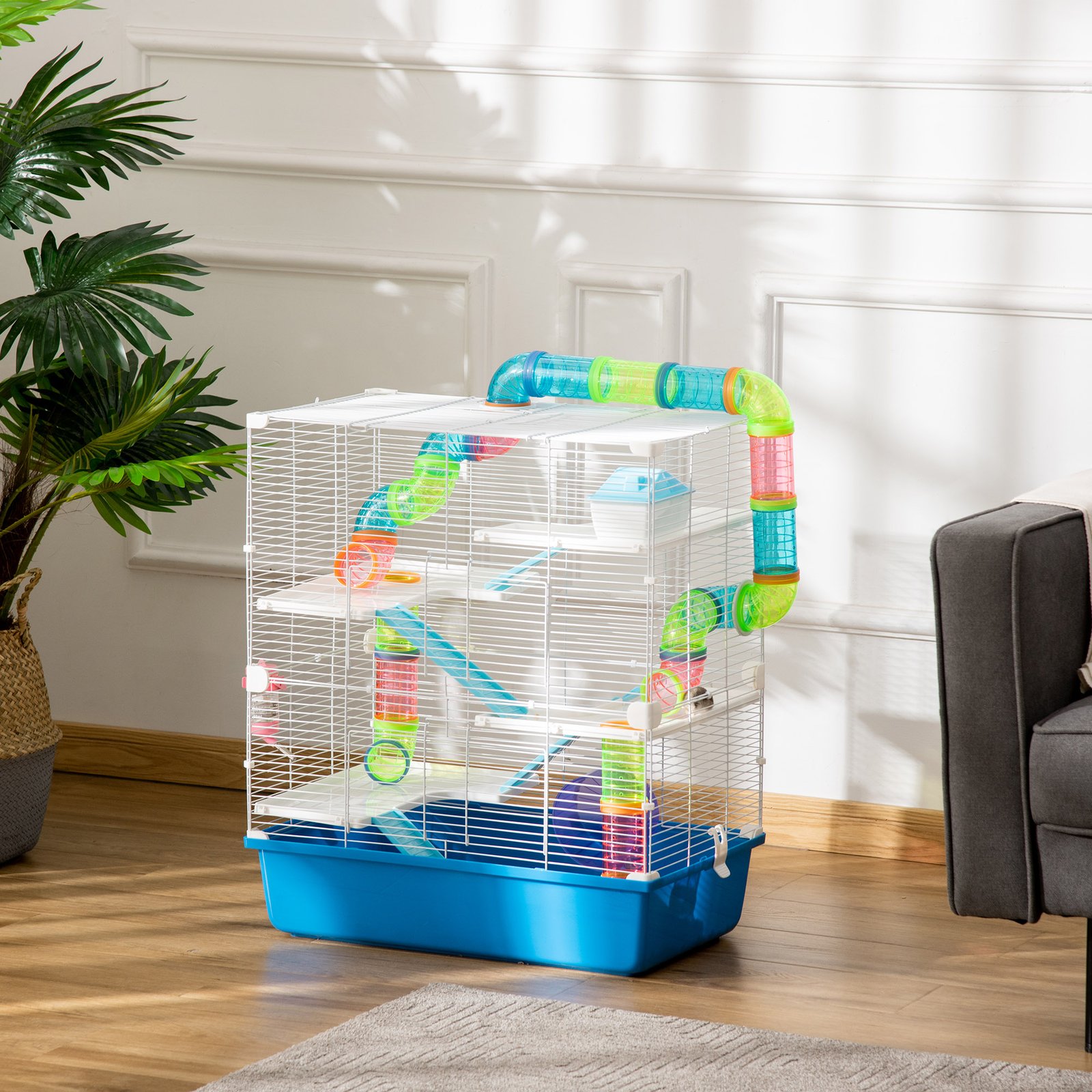 5 Tier Hamster Cage, Gerbil Cage with Exercise Wheel, Feeder Bowl, Tube, Water Bottle, 59L x 36W x 69H cm - Blue - Image 9