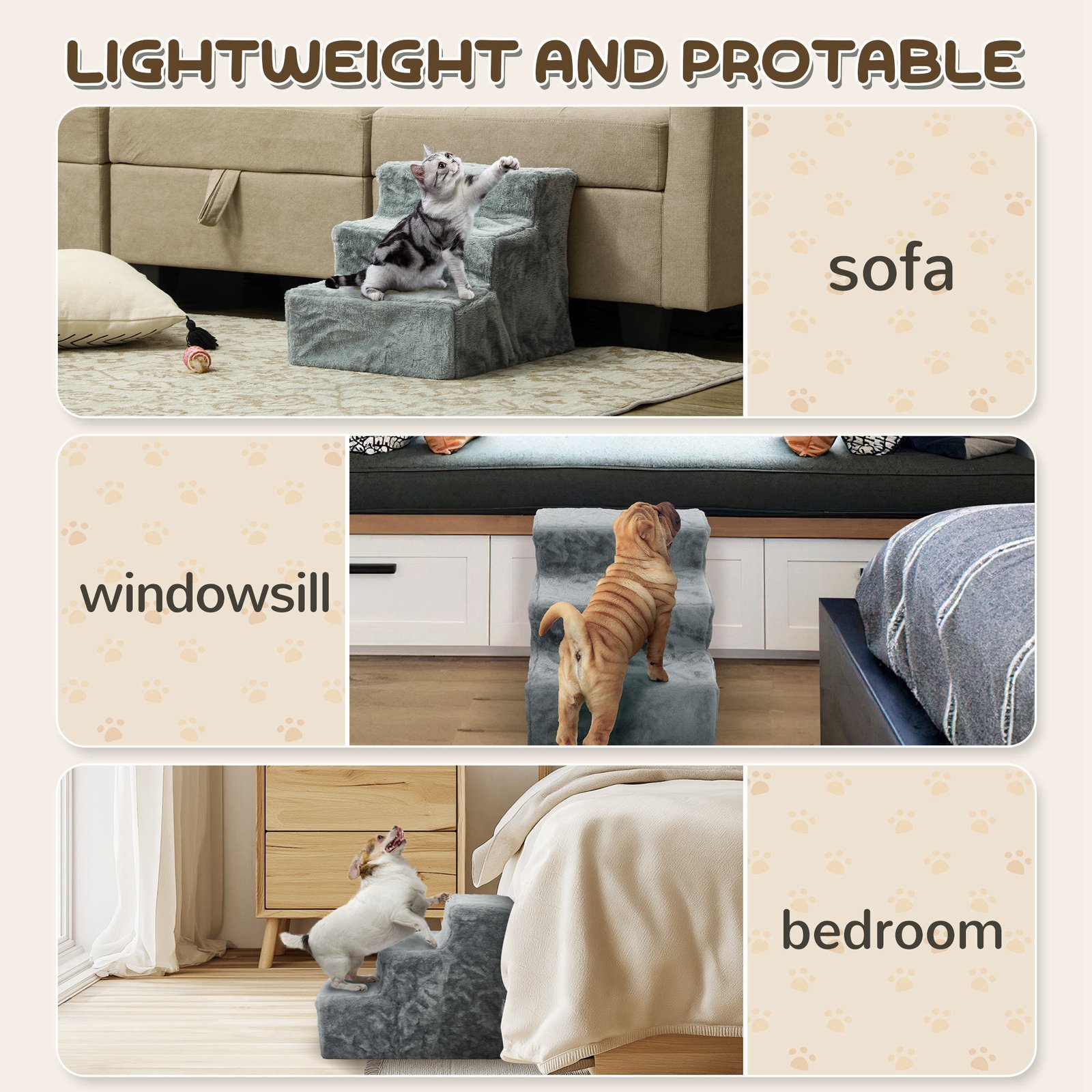 Three-Step Dog Stairs, with Washable Plush Cover, for High Bed Sofa, Dog Stairs for Small Dog and Cat - Light Grey - Image 7