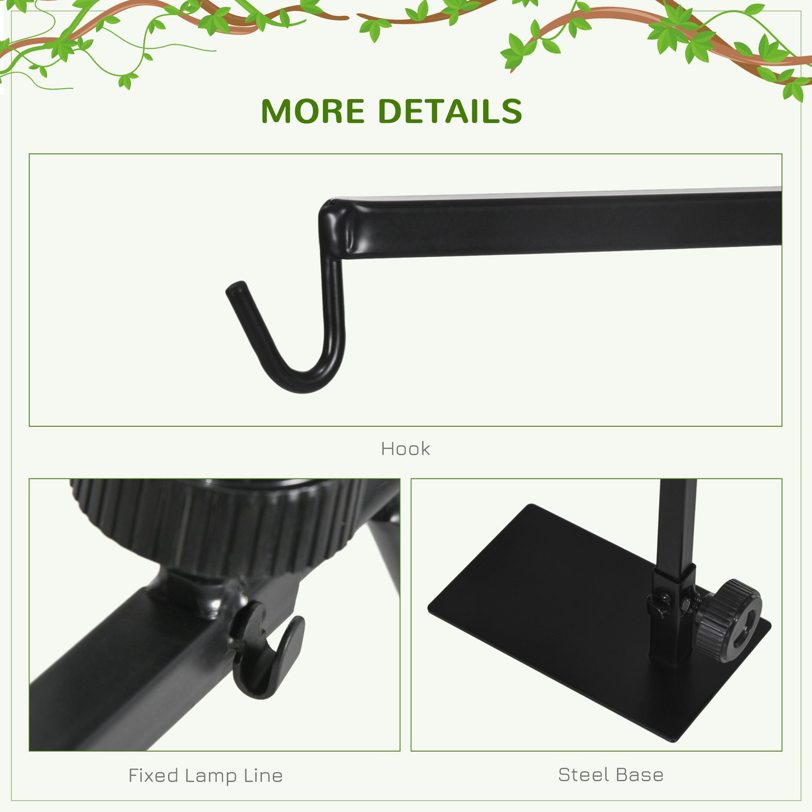 Adjustable Height and Length Reptile Lamp Stand Holder with Hook Hanging, Base - Black