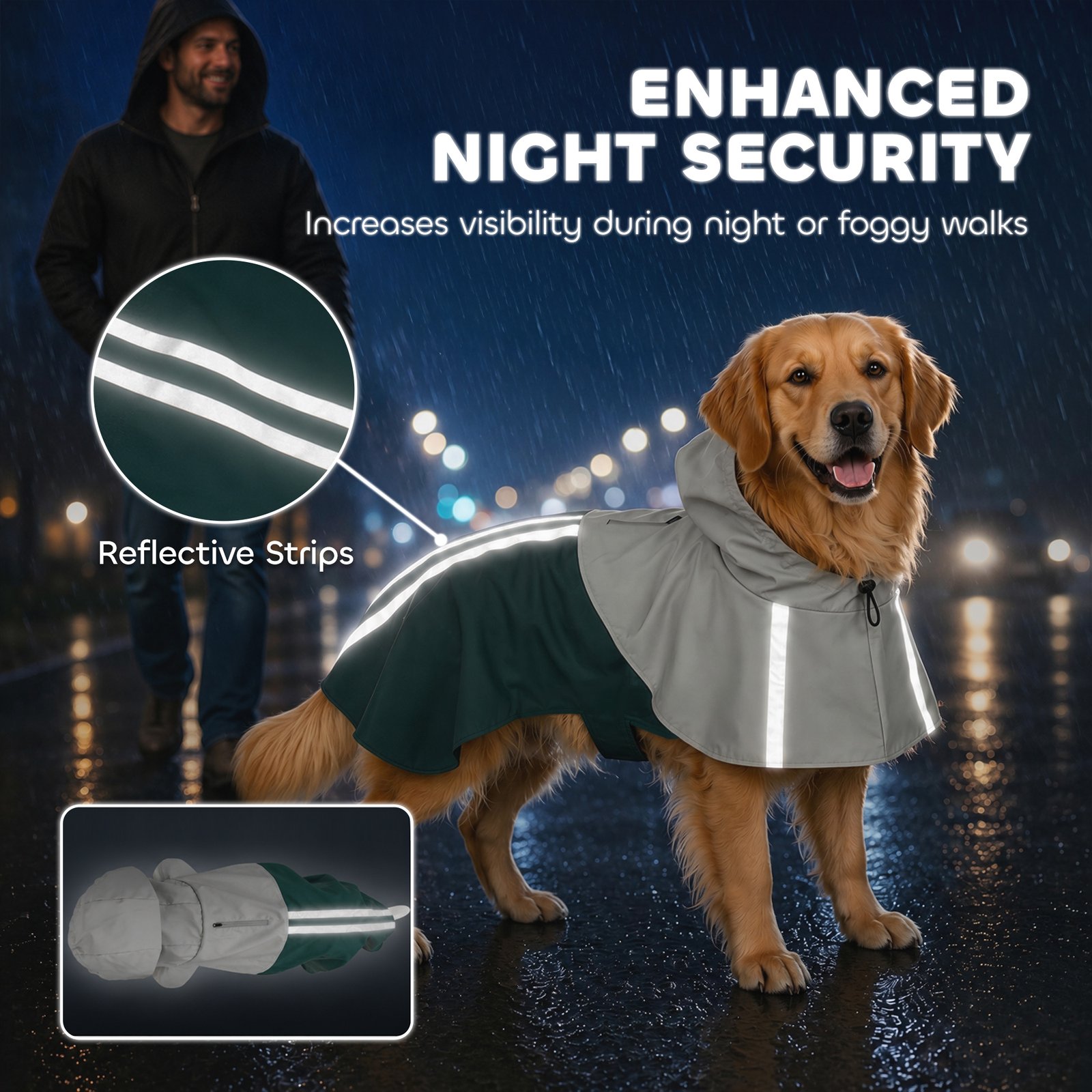Dog Raincoat with Hood, Waterproof & Breathable Rain Jacket with Leash Hole, for Large Dogs, Green, L