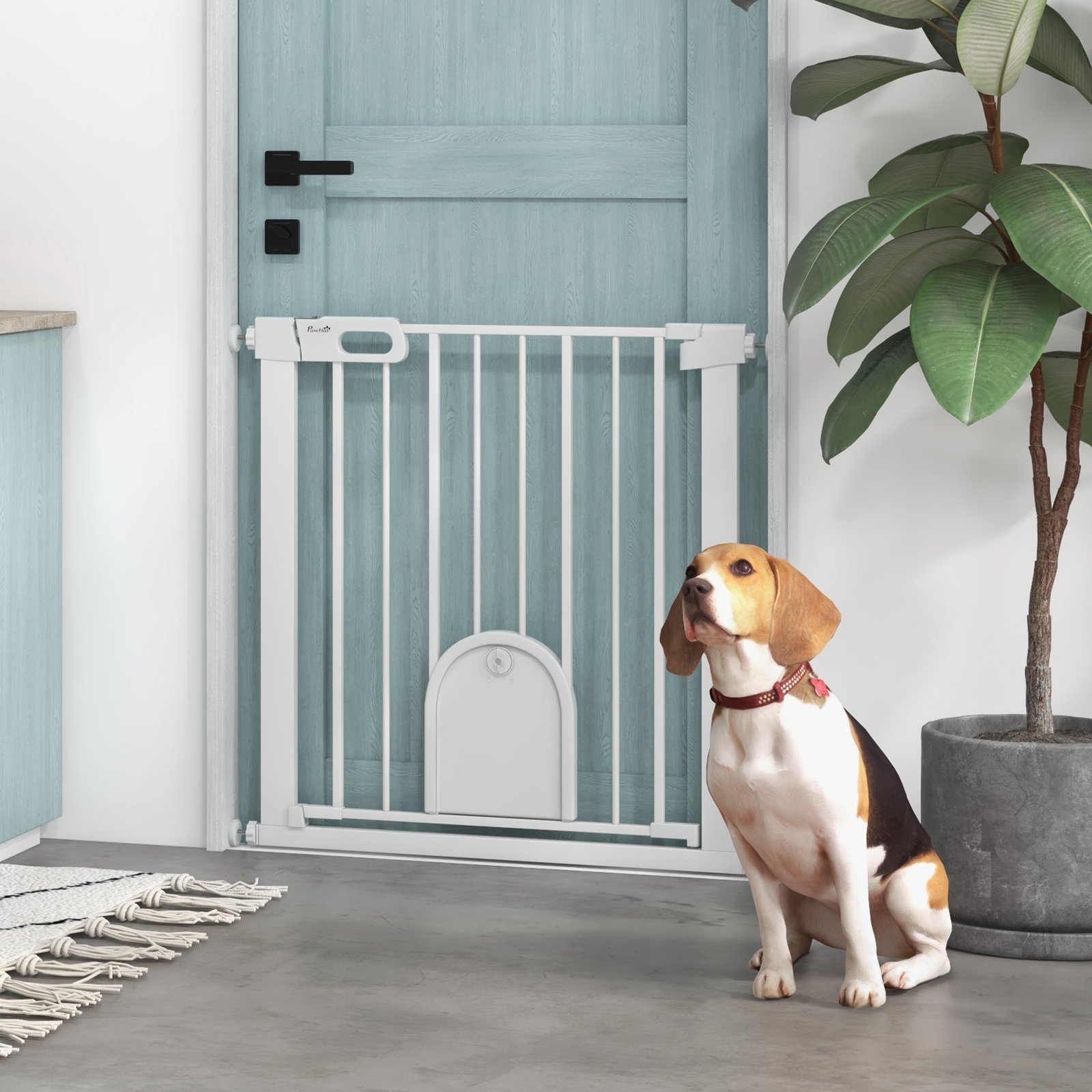 75-82cm Pet Safet Gaye, Pressure Fit Stair, with Cat Flap, Double Locking, White - Image 9