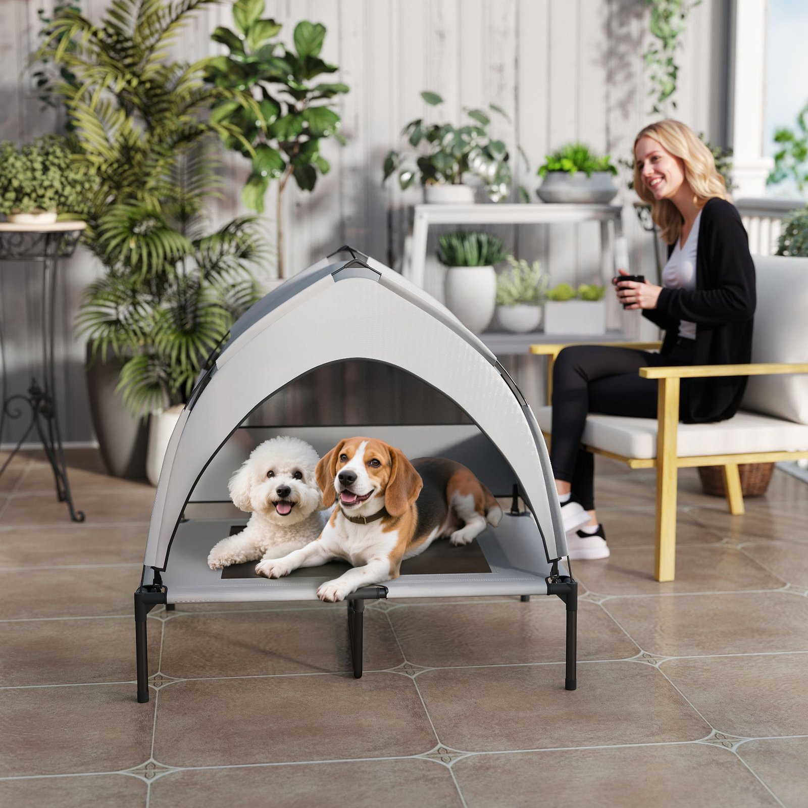 Portable Elevated Dog Bed with Removable Canopy, Cooling Raised Pet Cot for Medium Large Dogs, 92 x 75 x 85 cm