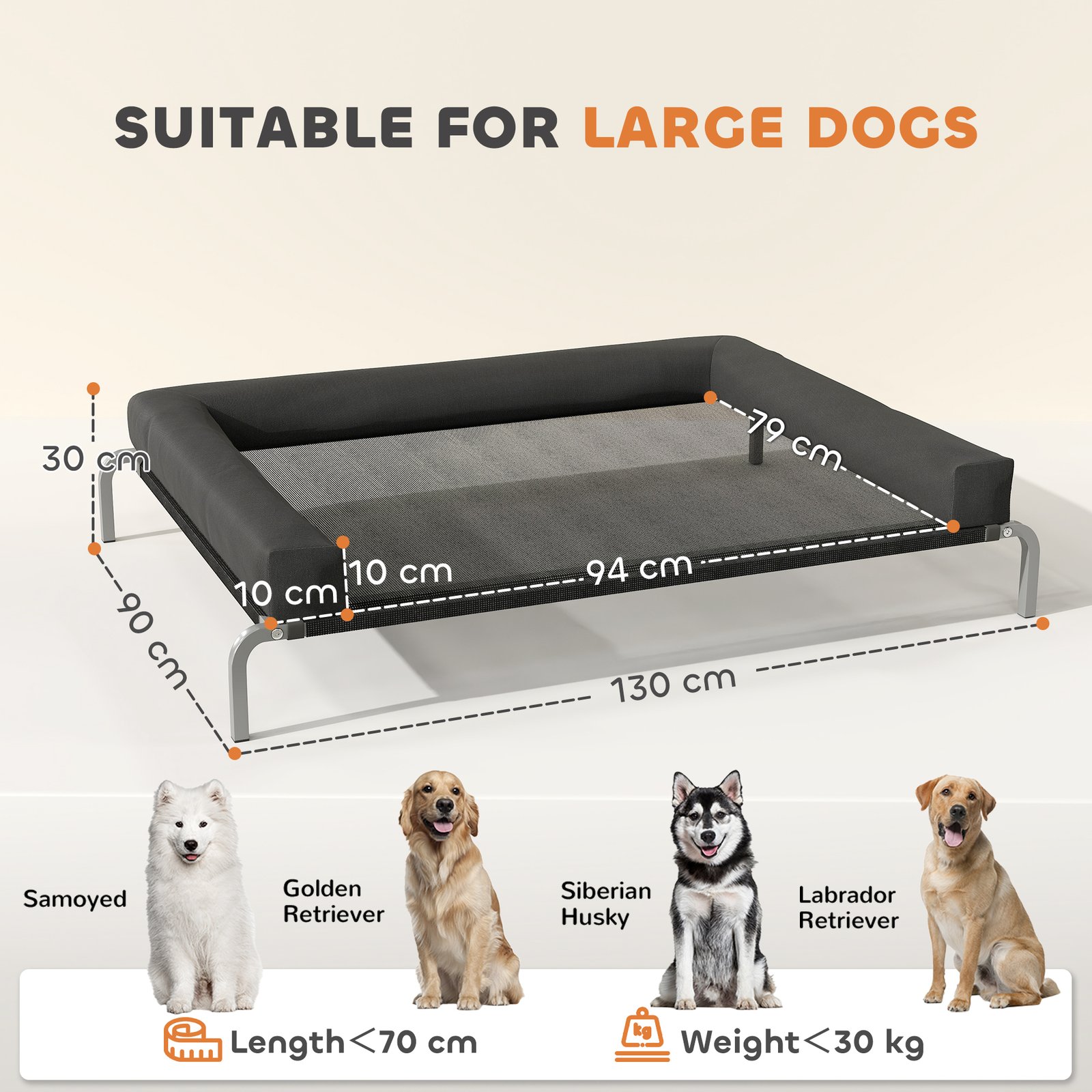 Elevated Dog Bed with Removable Bolsters, Raised Dog Bed for Large Breeds, Portable Indoor & Outdoor Pet Cots, Black