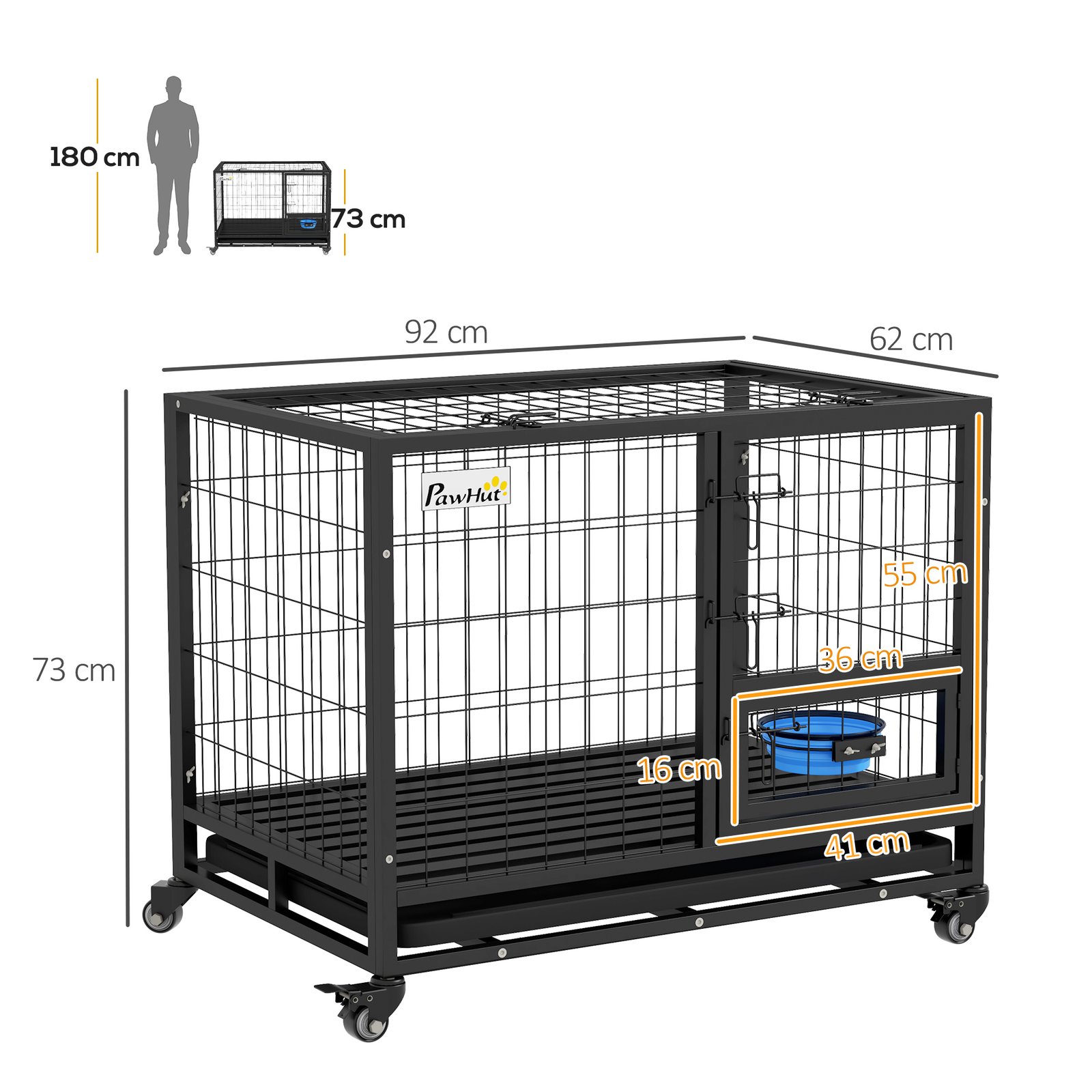 Heavy Duty Dog Crate on Wheels w/ Bowl Holder, Removable Tray, Openable Top, Detachable Door, for M, L Dogs - Image 3