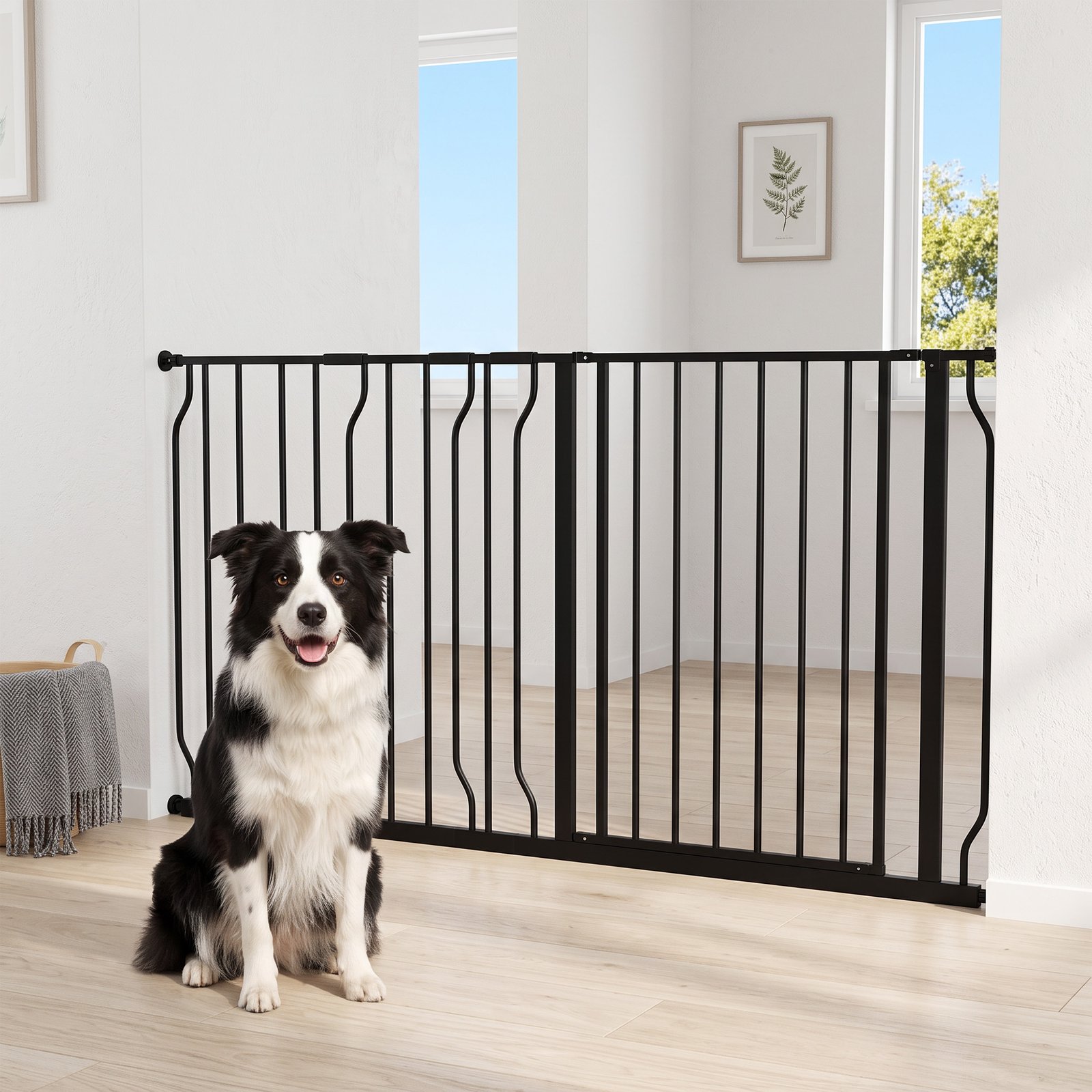 Extra Wide Dog Safety Gate, with Door Pressure, for Doorways, Hallways, Staircases - Black