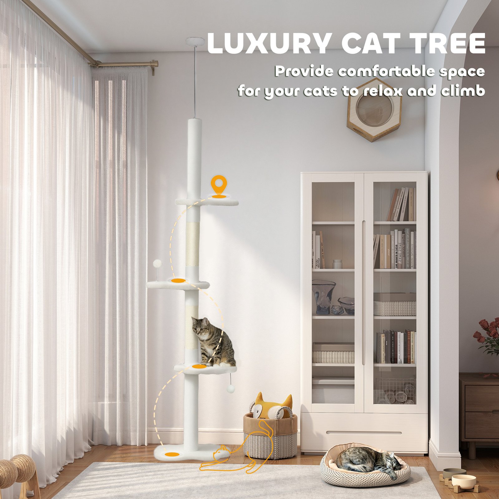 225-255 cm Adjustable Cat Climbing Tower with Sisal Scratching Posts, 2 Hanging Play Balls and Anti-Tip Strap, Beige