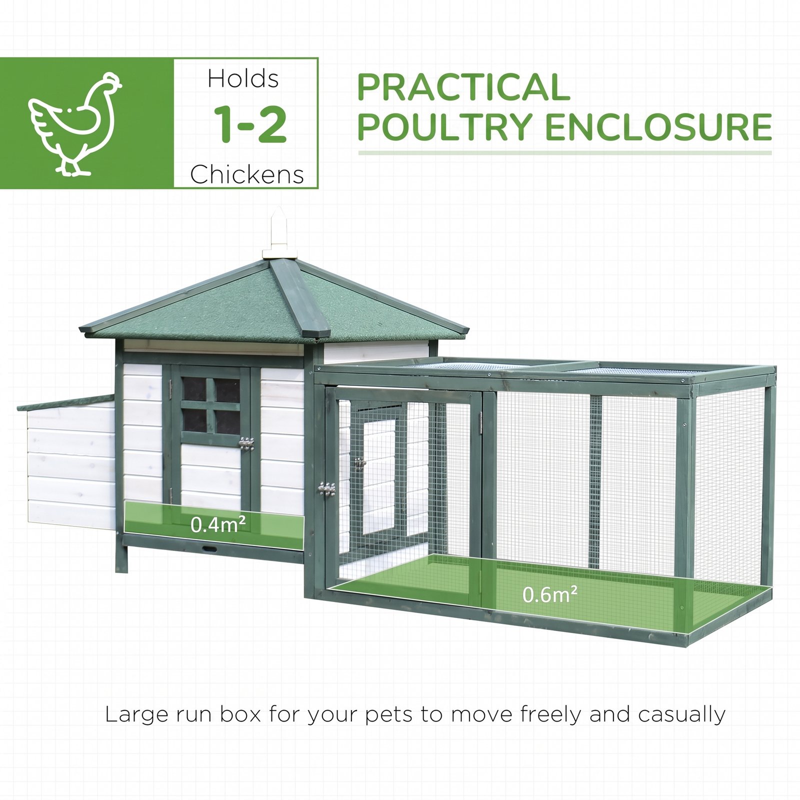 Chicken Coop, Small Animal Pet cage w/ Nesting Box, Wooden Outdoor Run, Green