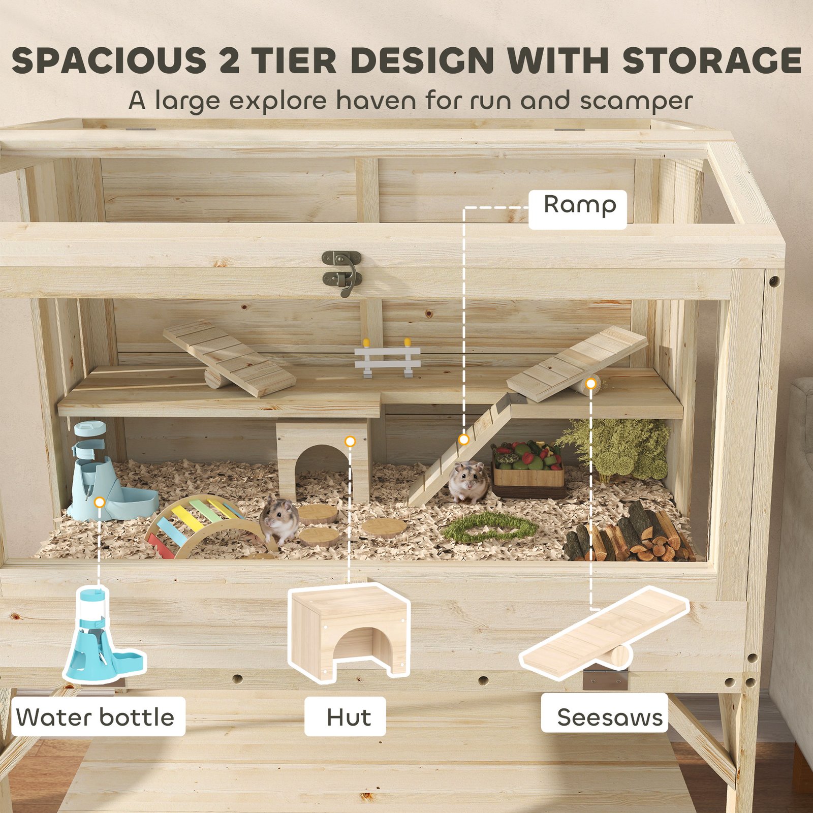 2 Tier Wooden Hamster Cage with Shelf and Openable Top