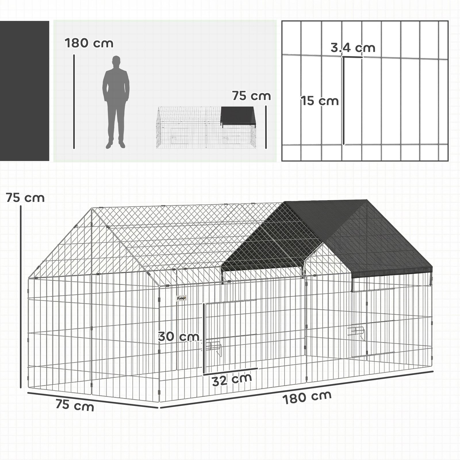 Rabbit Run with Protective Cover for Small Animals, Chickens, Guinea Pigs, Tortoises, 180 x 75 x 75 cm, Black