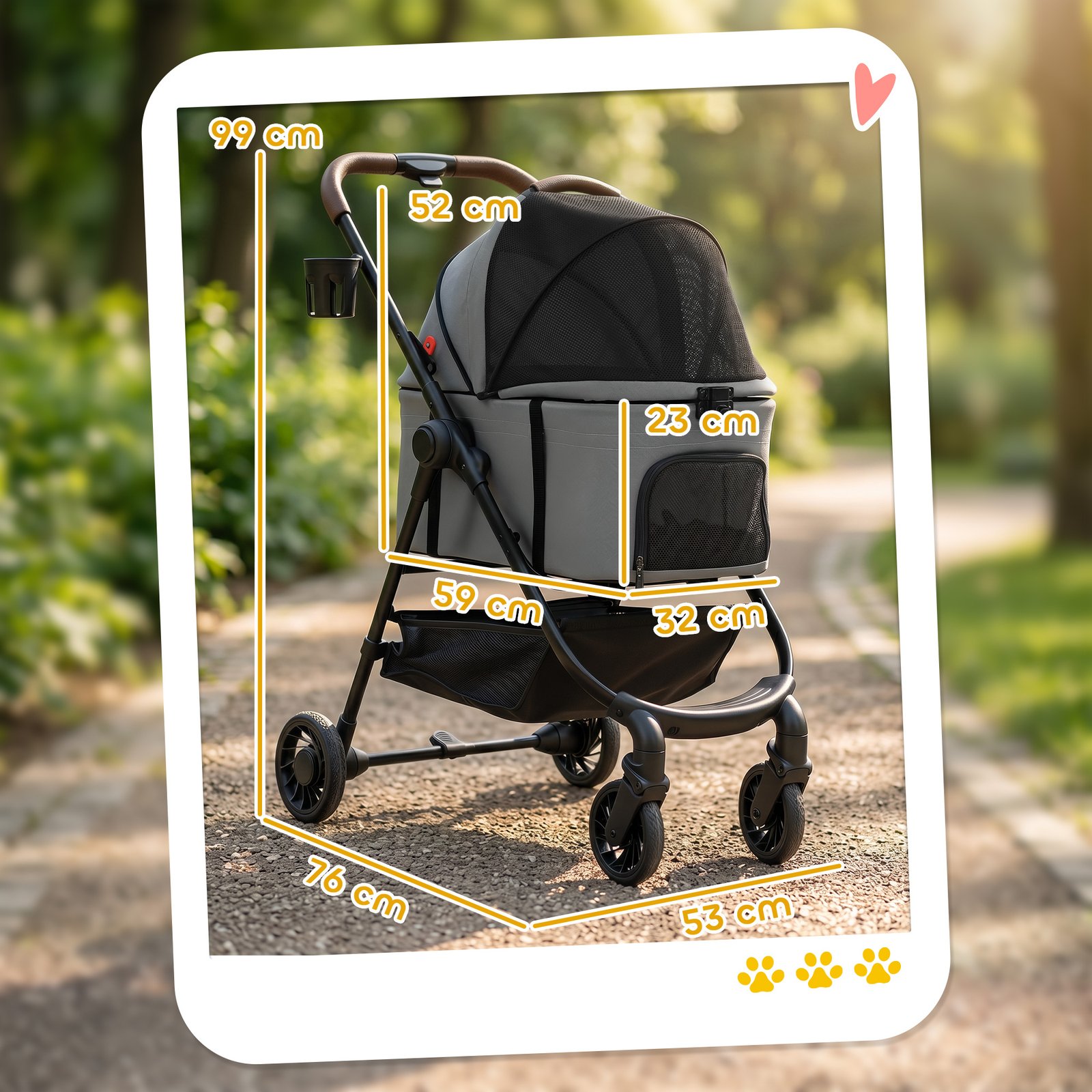 Dog Stroller, 3 in 1 Foldable Pet Stroller for Small Puppy Cat with Detachable Travel Carrier, Storage Basket, Grey - Image 4