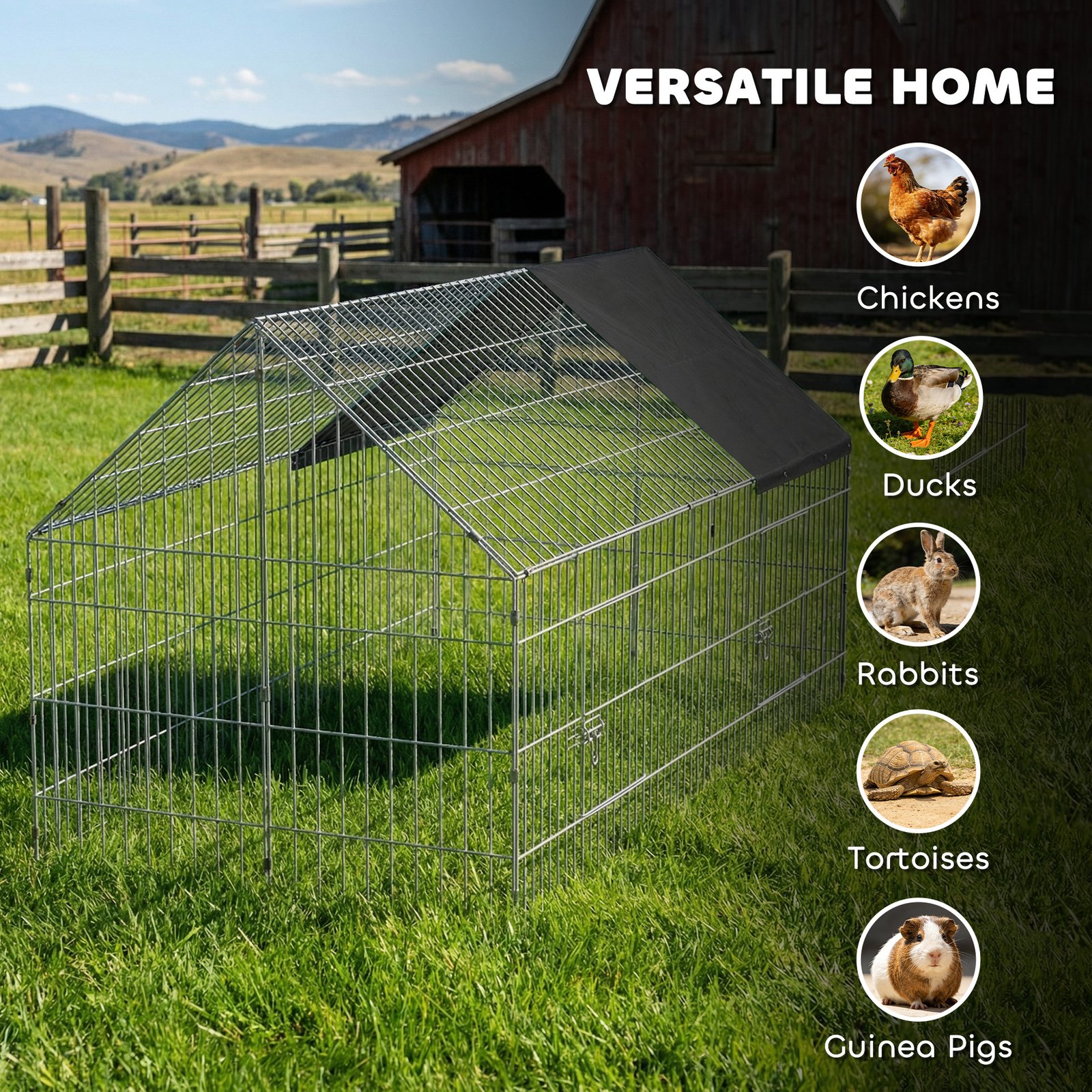 Rabbit Run with Protective Cover for Small Animals, Chickens, Guinea Pigs, Tortoises, 180 x 75 x 75 cm, Black