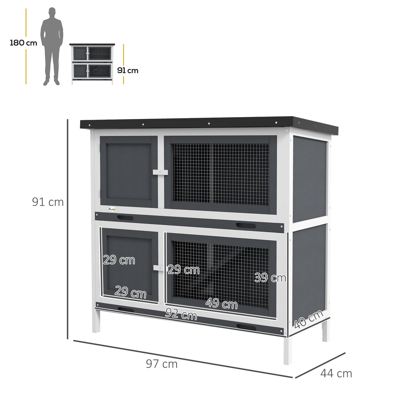 Double Decker Rabbit Hutch 2 Tier Guinea Pig House Pet Cage Outdoor with Sliding-out Tray, 100 x 47 x 91cm, Grey - Image 3