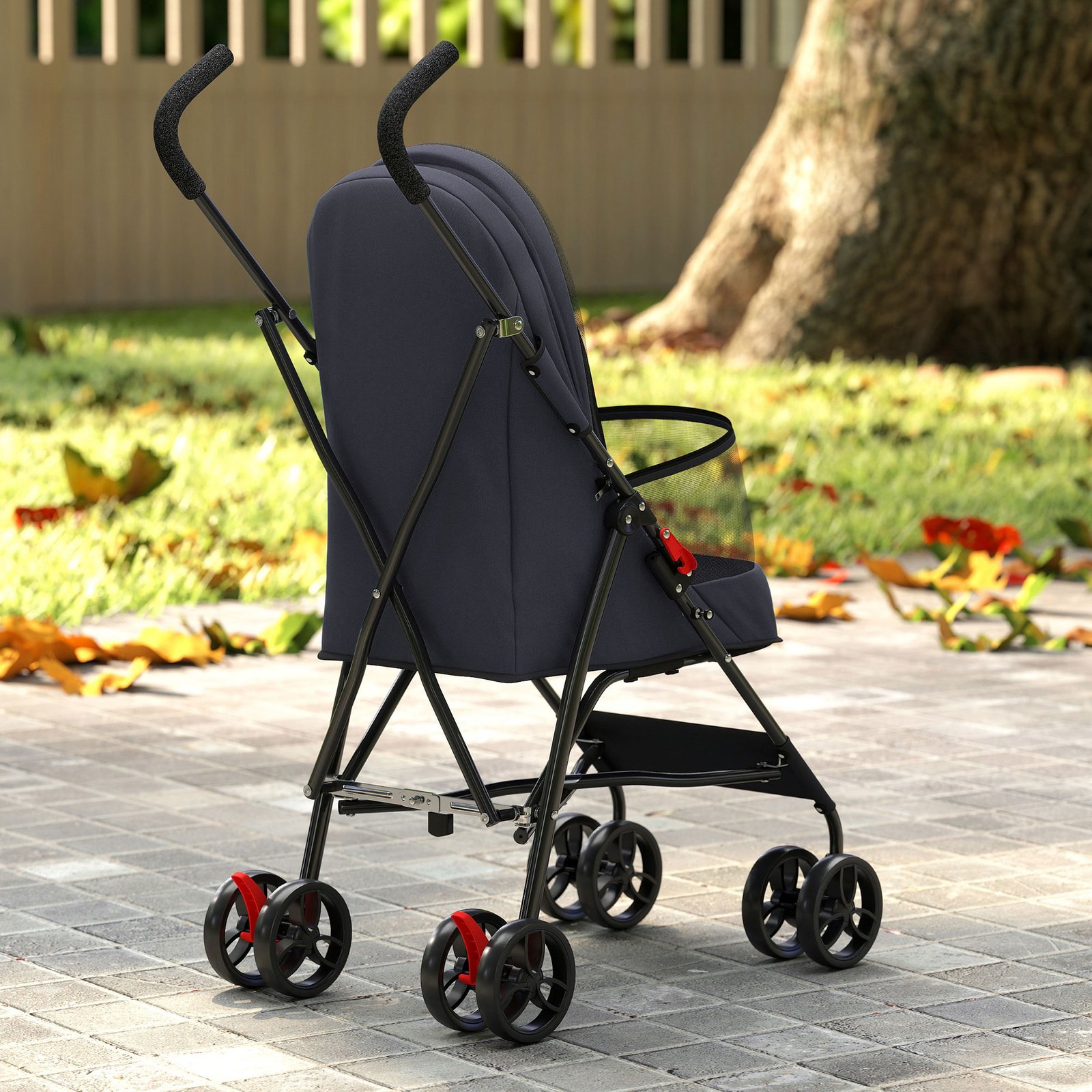 Dog Stroller, Foldable Cat Dog Pram for Miniature Breeds, Pet Stroller with Brake, Mesh Windows, Dark Grey
