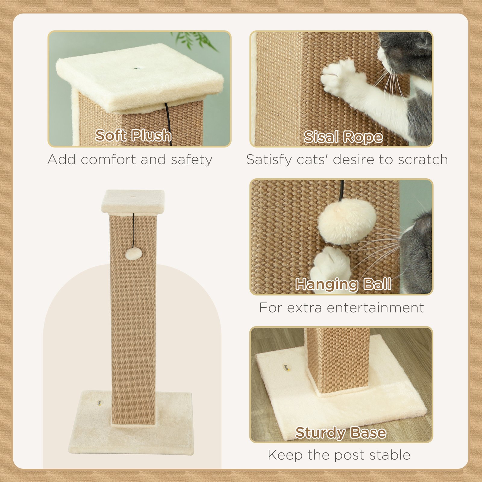 81cm Cat Scratcher, Vertical Full Scratcher w/ Natural Jute Rope, Hanging Ball, Soft Plush - Beige