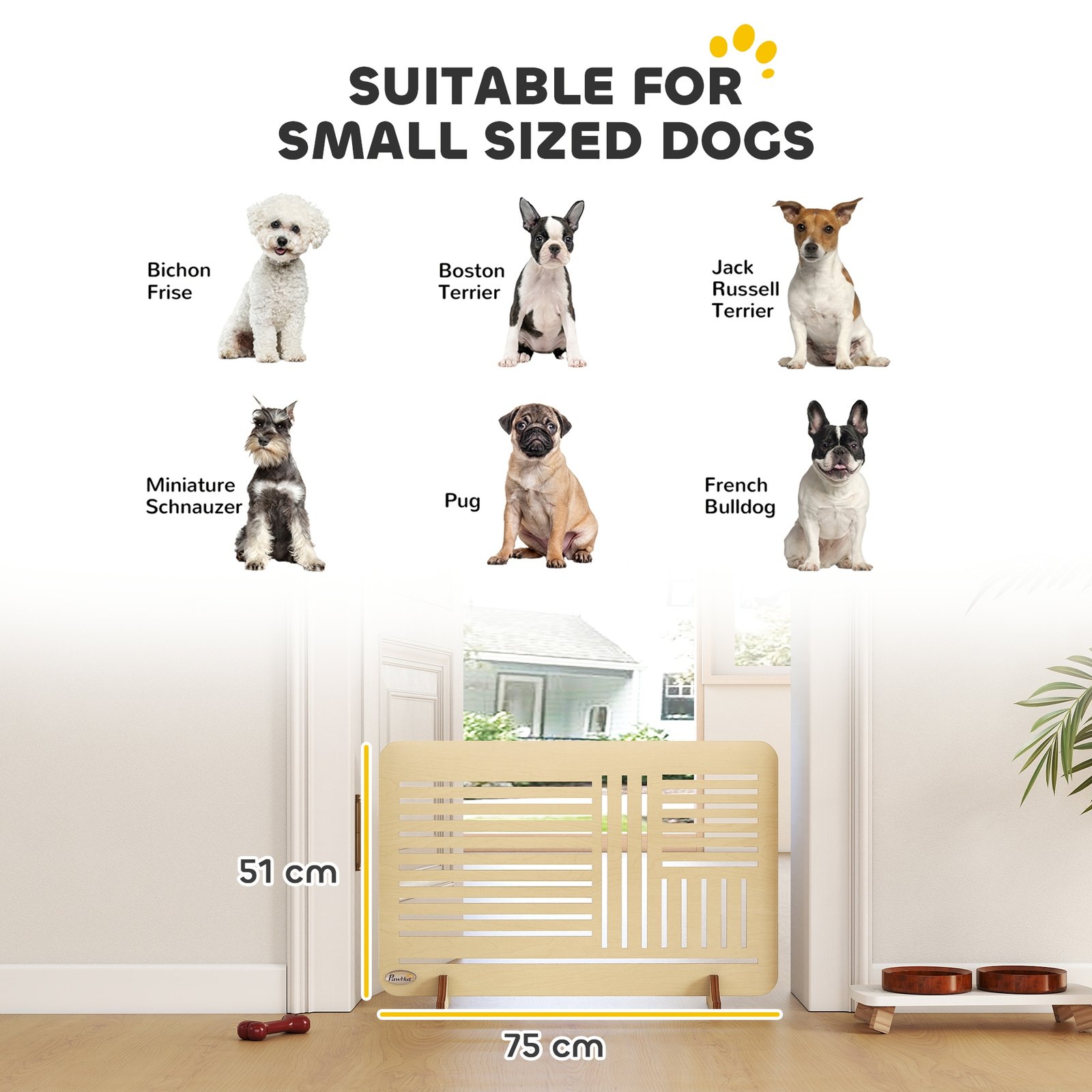 Freestanding Pet Gate, Portable Dog Barrier Gate with Feet for Small Breeds, 75 x 53 cm, Natural Wood
