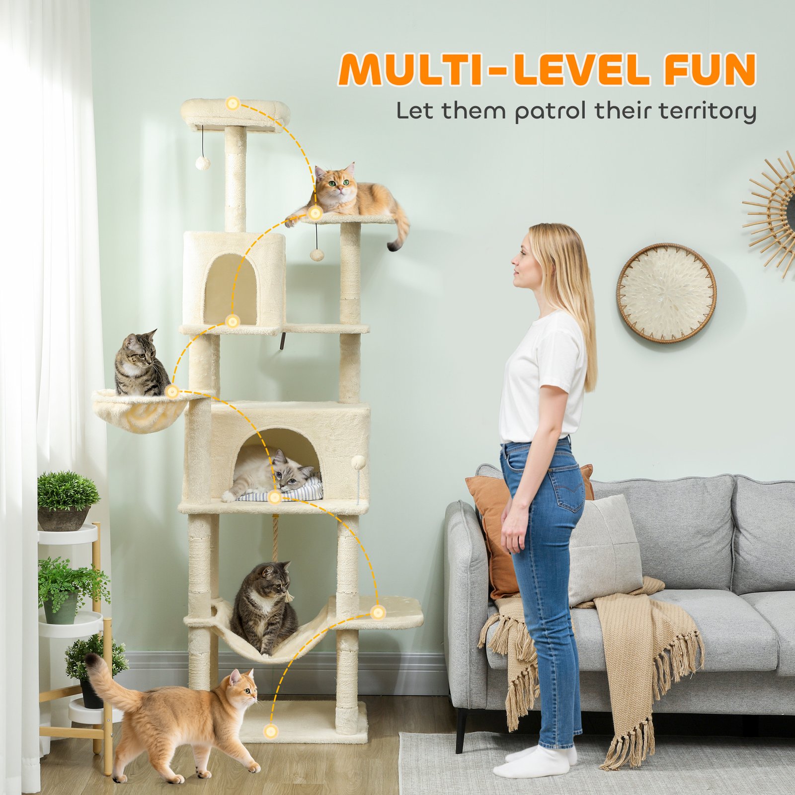 202cm Cat Tree with 6 Scratching Posts, 2 Hammocks, 2 Condos, 2 Perches, Pompoms, for Cats to Rest and Play, Beige - Image 4