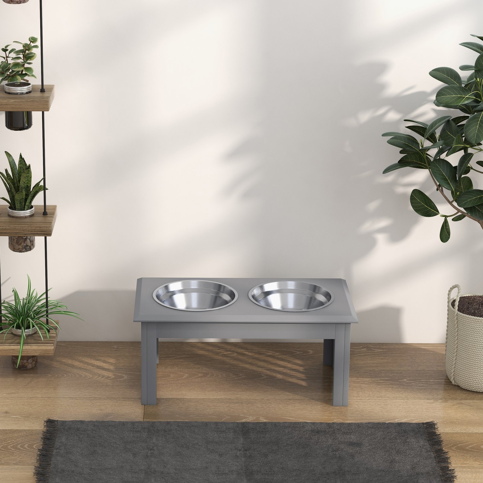 Raised Dog Feeding Bowls with Stand, Stainless Steel for Medium Dog, 58L x 31W x 25H cm - Grey