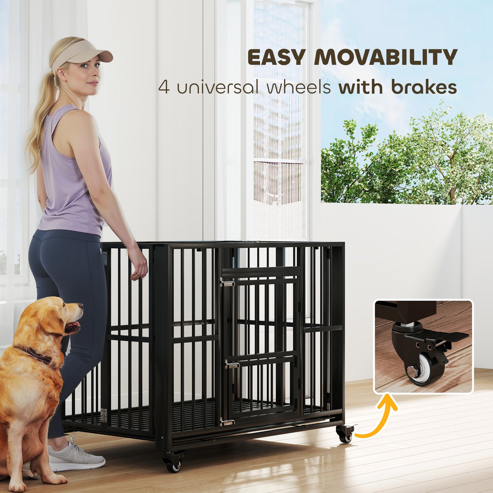 43" Heavy Duty Dog Crate, Foldable Dog Cage, with Openable Top, Locks, Removable Tray, Wheels - Black - Image 6