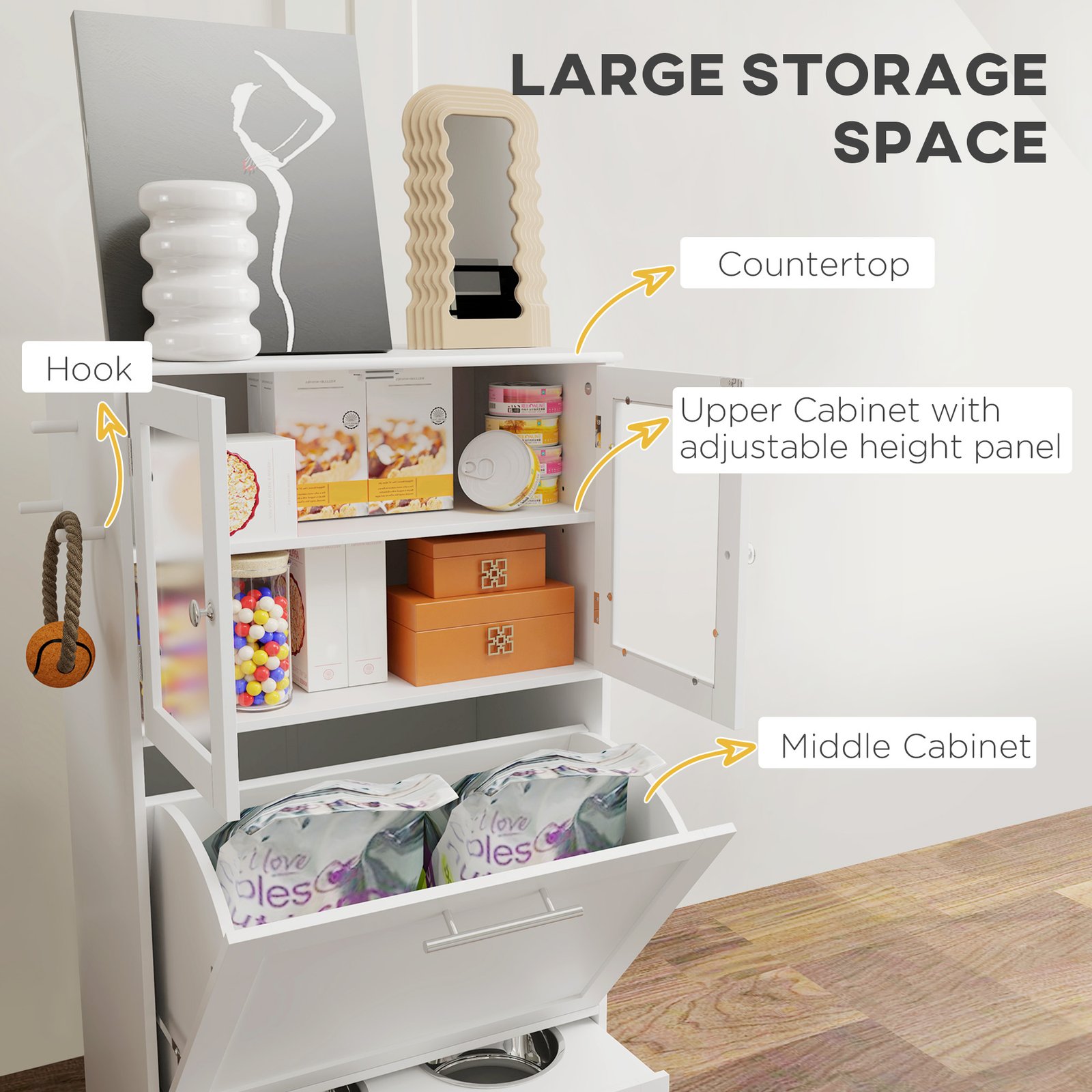 Dog Feeding Station with 2 Storage Cabinets, 2 Elevated Bowls, Side Hooks, Anti-tip Kit for Water and Feeding Supplies