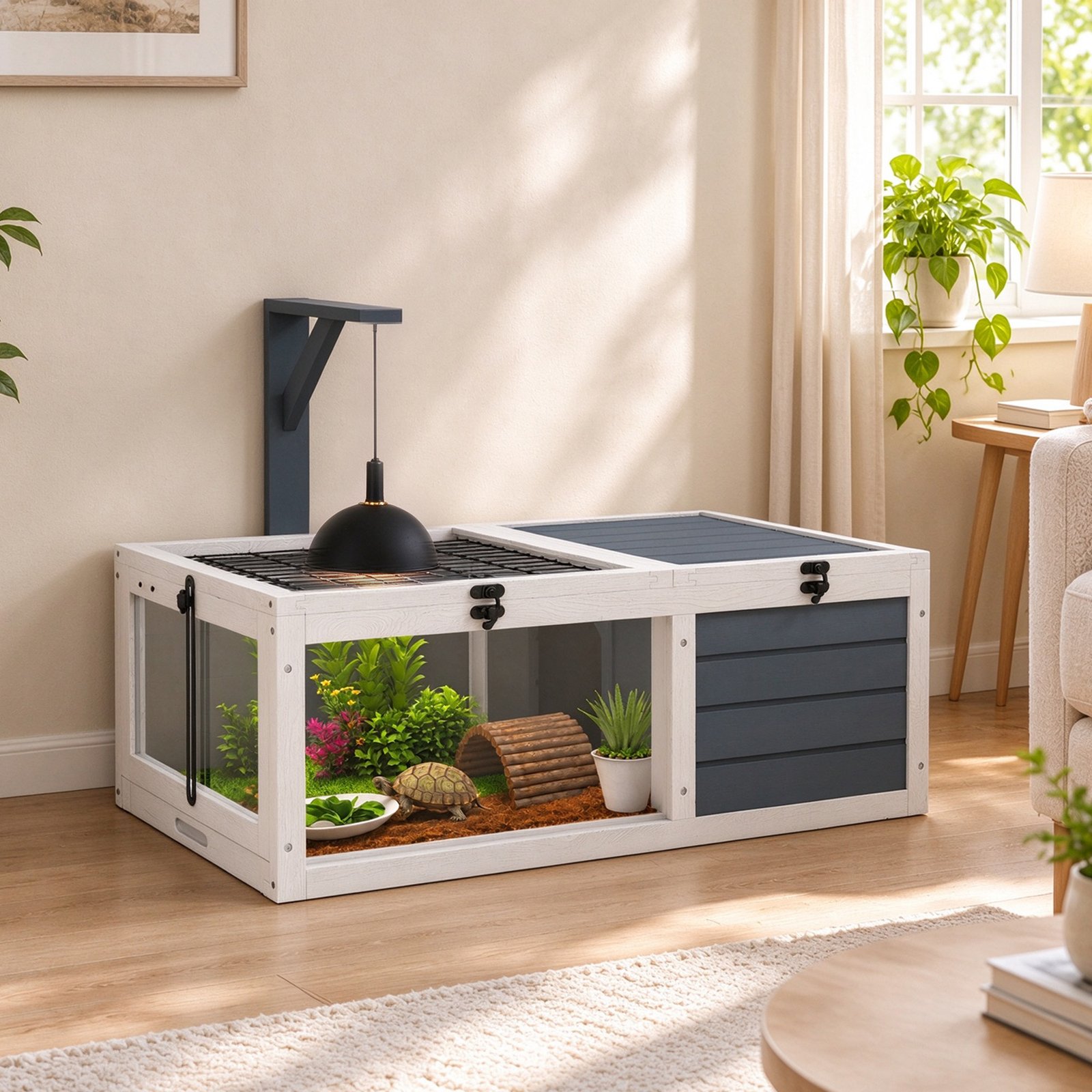 Tortoise Table with Wooden Lamp Holder, Wooden Tortoise House w/ Openable Lids, Pull-Out Trays - Grey