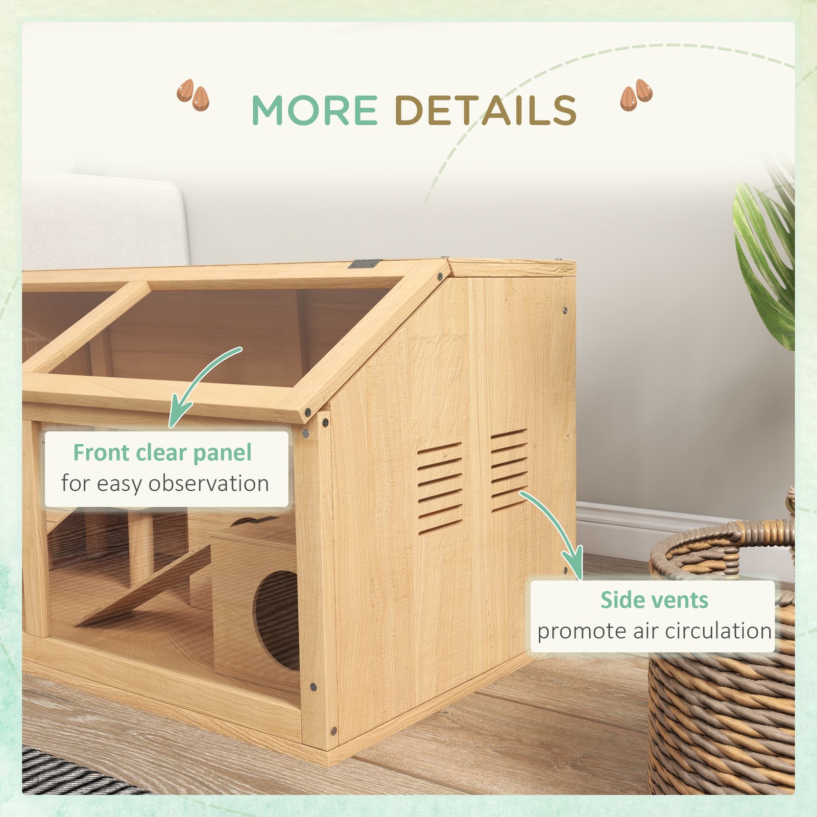 Hamster Cage, Wooden Small Animal Cage for Gerbils, Mice w/ Suspension Bridge, Openable Top, Hut, 85 x 45 x 44cm Nature - Image 6