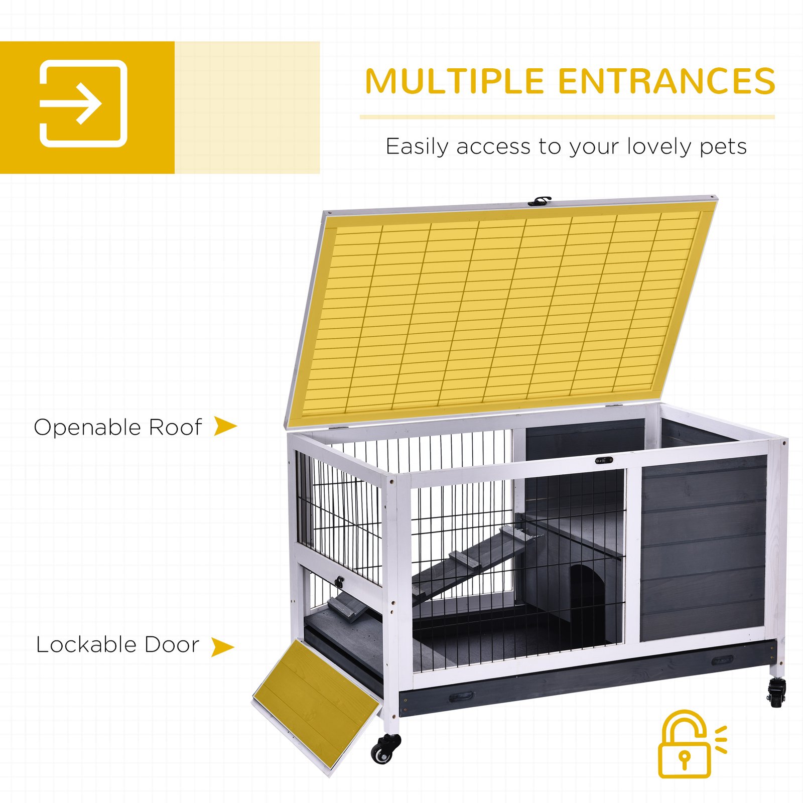 Wooden Guinea Pig Hutch, 2-Floor Bunny Cage w/ Enclosed Run Area, Grey - Image 5