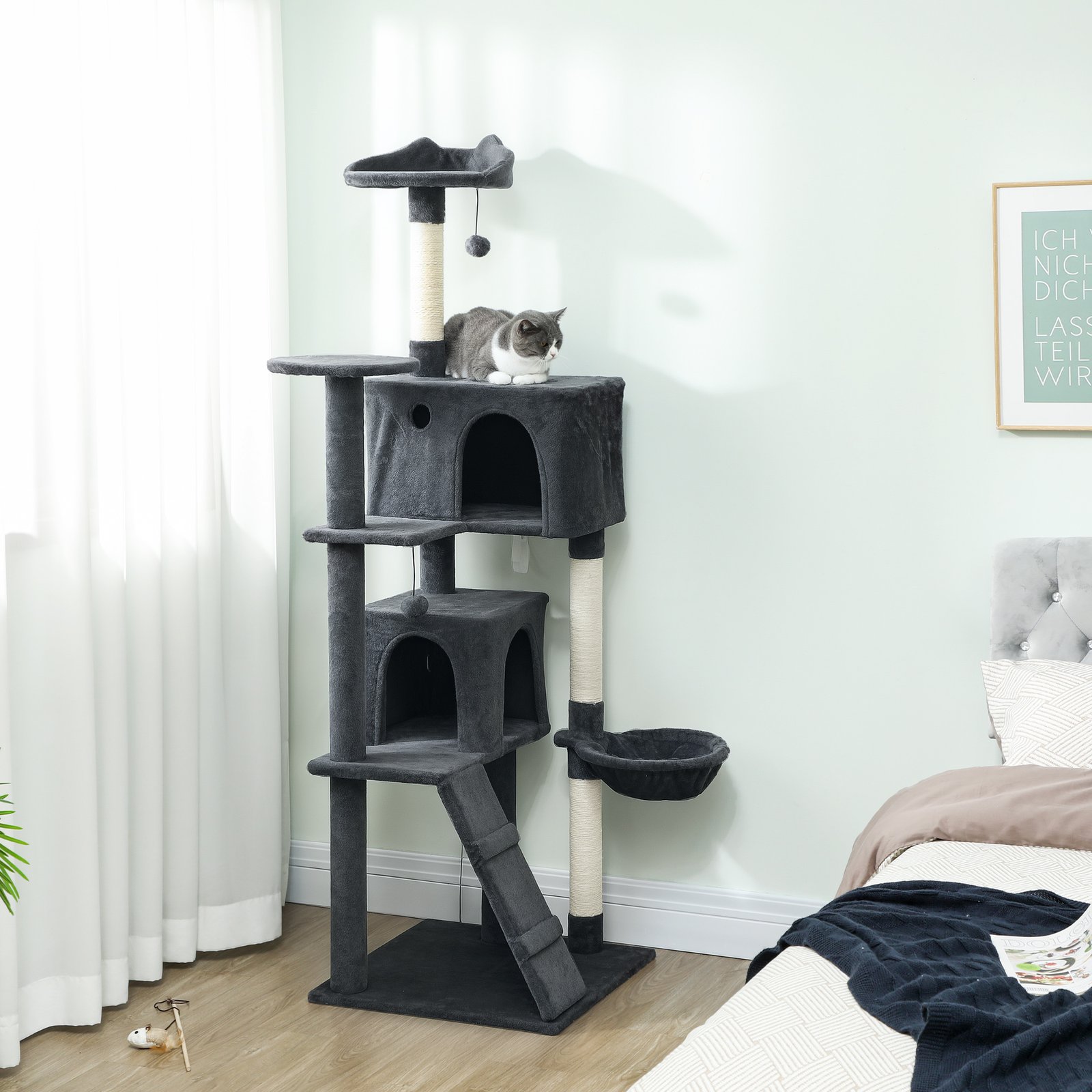 180cm Large Cat Tree Tower with Sisal Scratching Posts, Condos, Plush Perches, Hammock, Ladder, Dark Grey