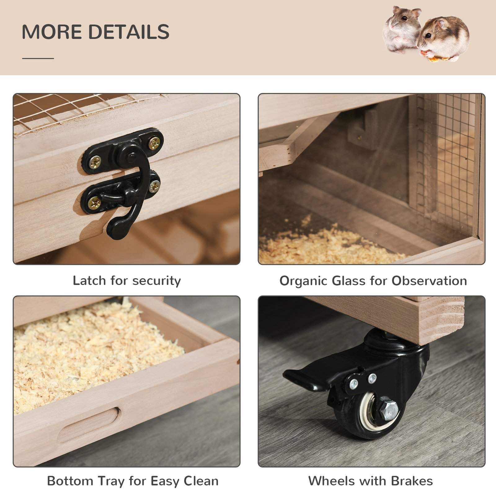 Wooden Hamster Cage, Mice Rodent Small Animals Kit Hutch, 3 Tiers Exercise Play Enclosure, with Wheels, Bottom Tray, 99 x 50 x 69 cm, Natural Wood