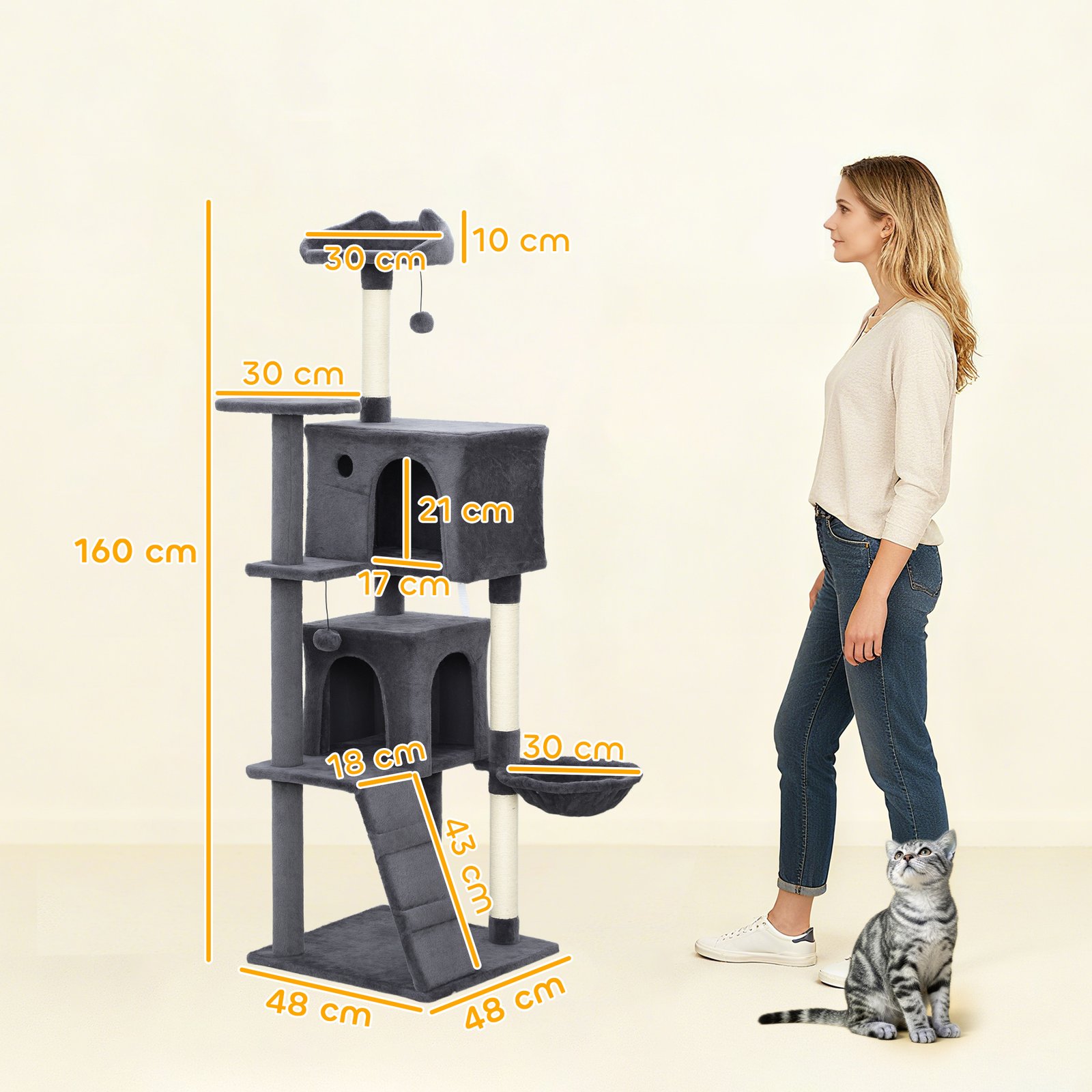 160cm Large Cat Tree Tower with Sisal Scratching Posts, Condos, Plush Perches, Hammock, Ladder, Dark Grey