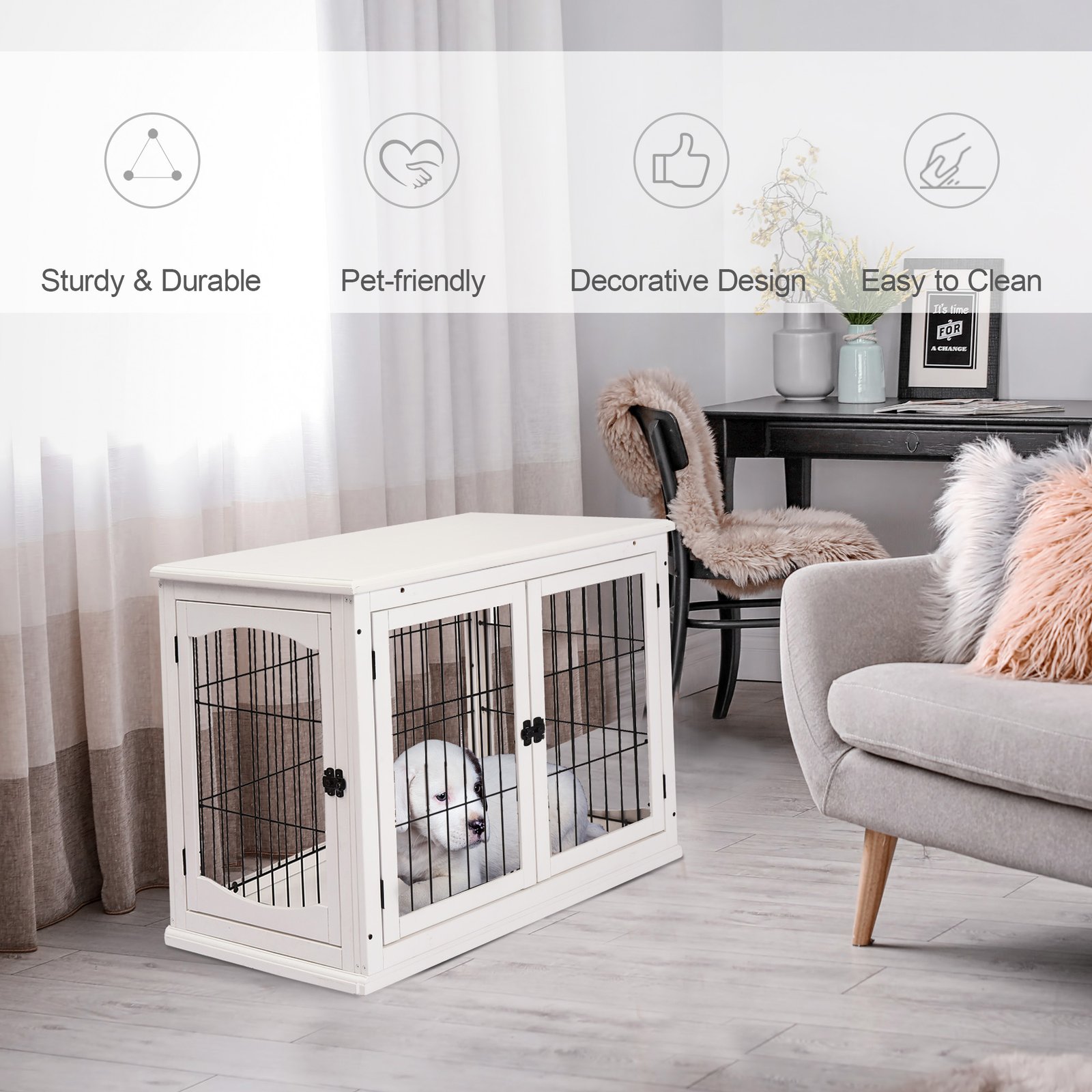 Dog Crate Furniture, Puppy Crate End Table, Pet Kennel House with 2 Doors for Medium and Small Dogs, 81 x 58.5 x 66 cm, White