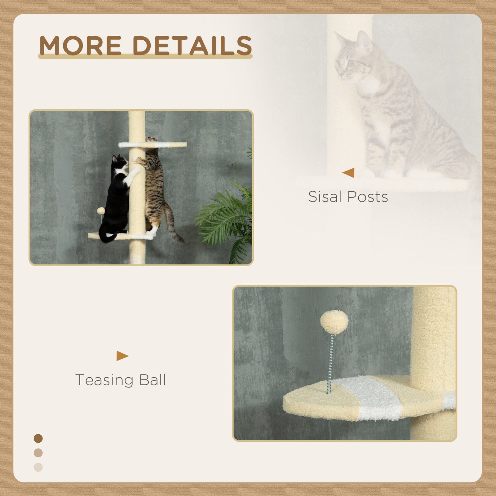 260cm Adjustable Floor-To-Ceiling Cat Tree w/ Anti-Tipping Kit, Toy Ball - Image 6