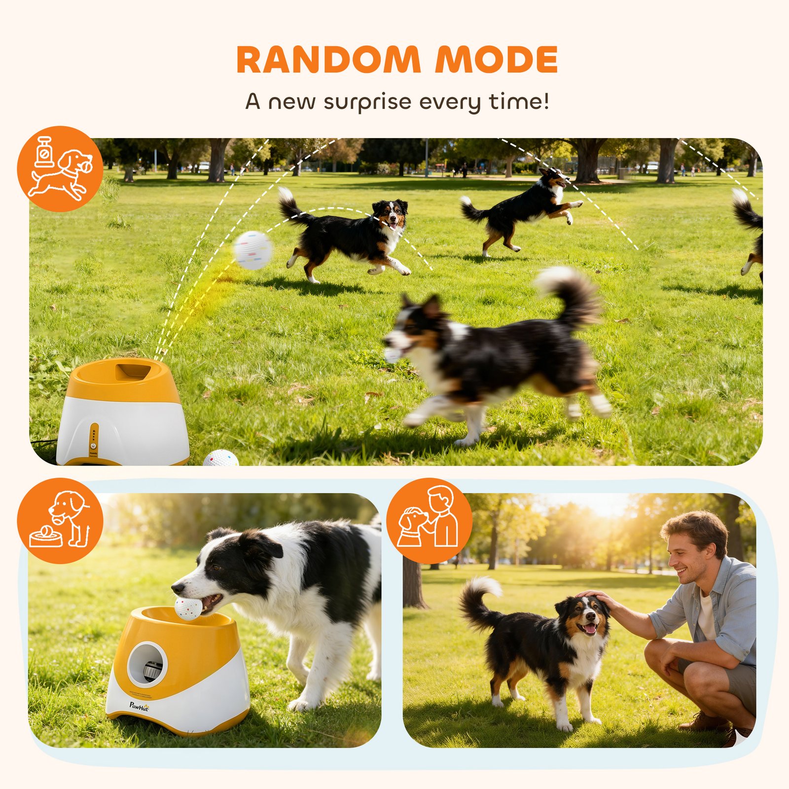Automatic Dog Ball Launcher with 5 ETPU Balls 5.8 cm, 3 Distance Settings 6/10/14 m, Orange