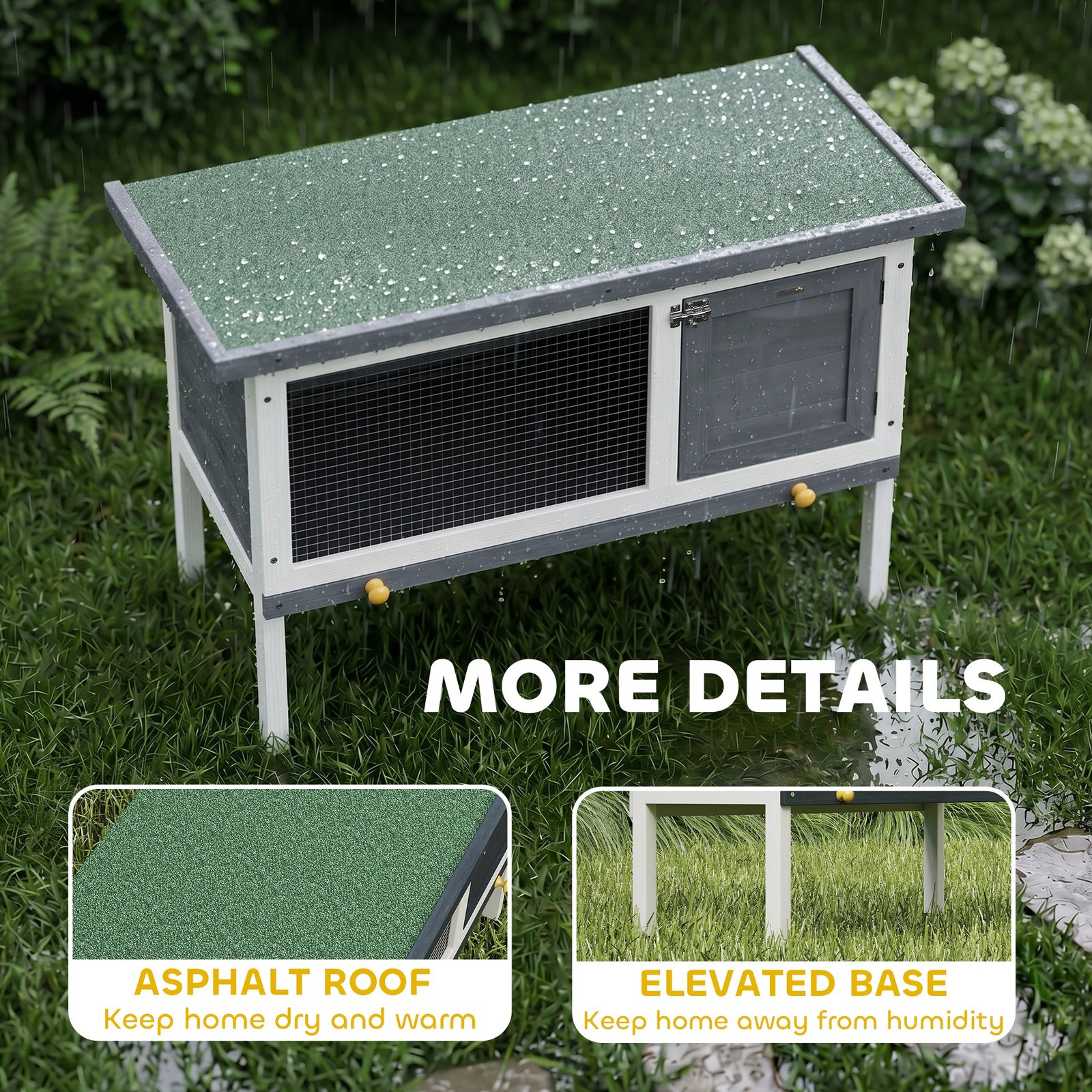 Wooden Rabbit Hutch, Guinea Pig Hutch with Asphalt Roof, Outdoor Elevated Bunny House for Rabbits, Chinchillas