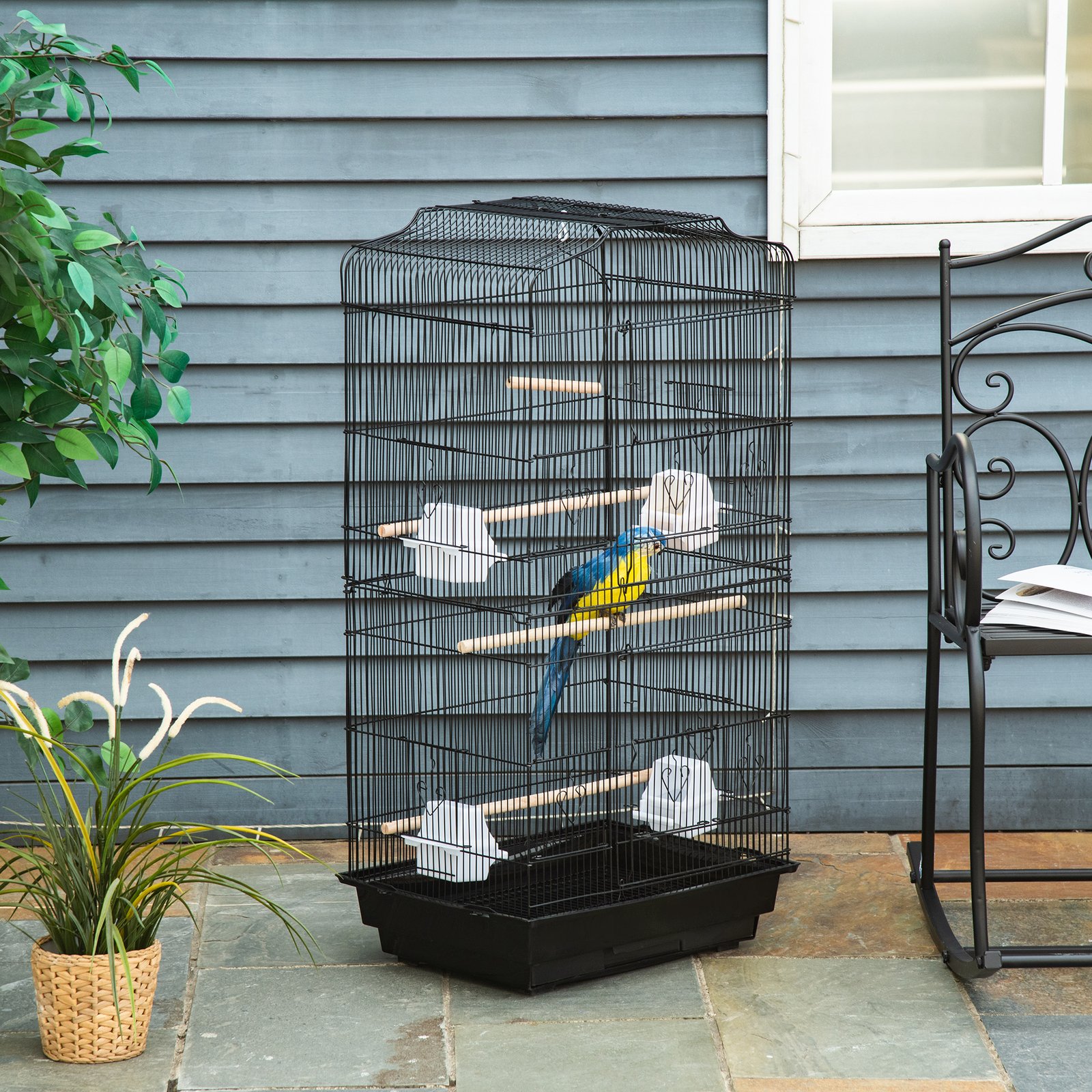 Large Metal Bird Cage with Stand, Perches, Food Bowls, Swing, for Budgies, Finches, Black