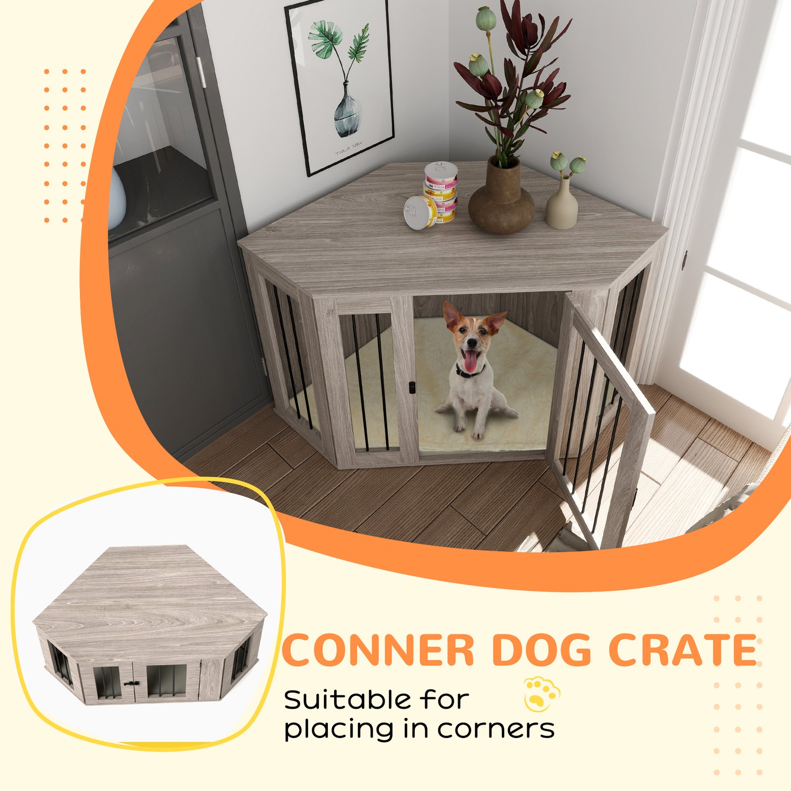 Dog Crate Furniture Side Table, with Cushion, 122 x 61 x 71cm - Walnut Brown - Image 5