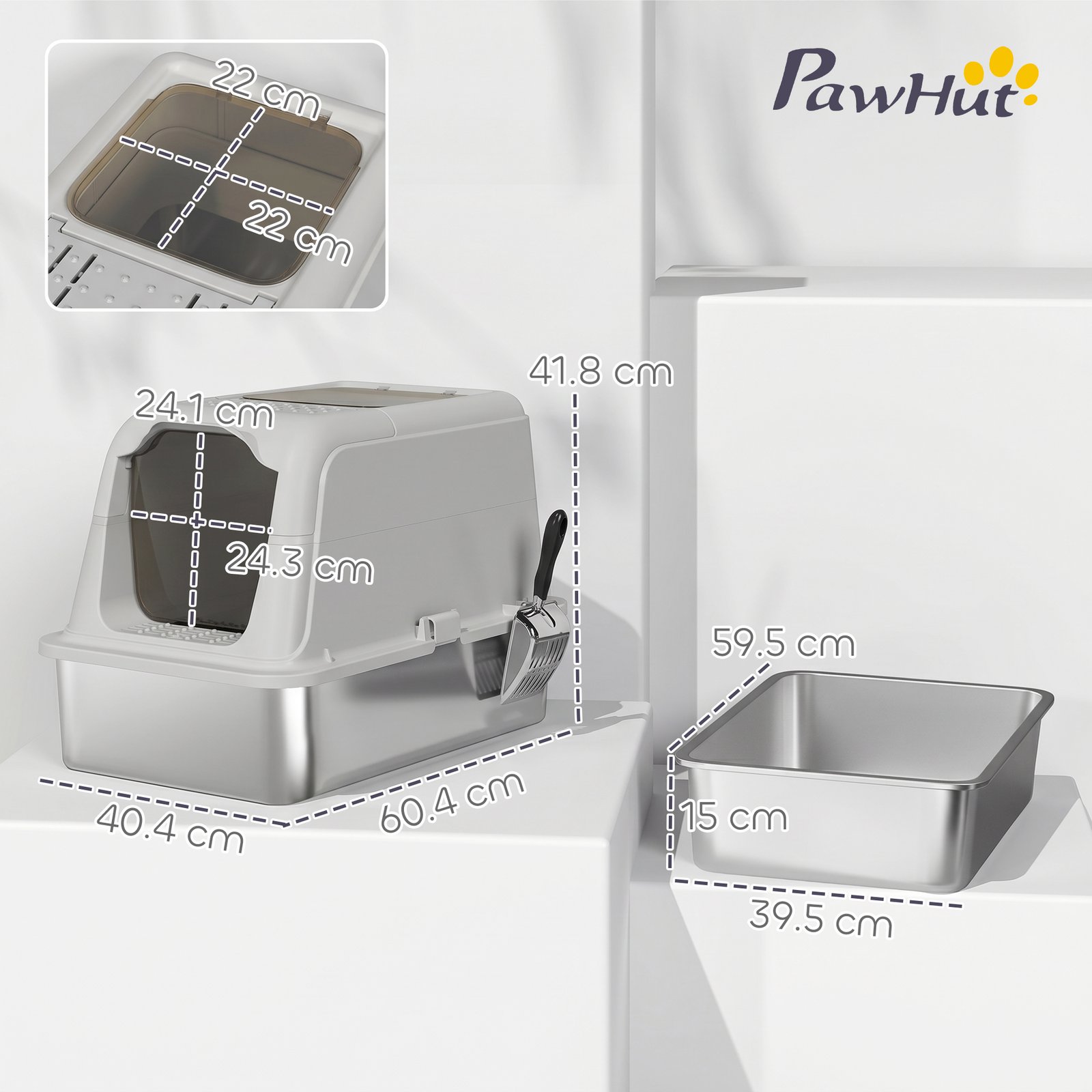 Extra Large Stainless Steel Litter Box, Enclosed Cat Litter Tray with Scoop, Deodorizer Bag, Front-Entry and Top-Exit