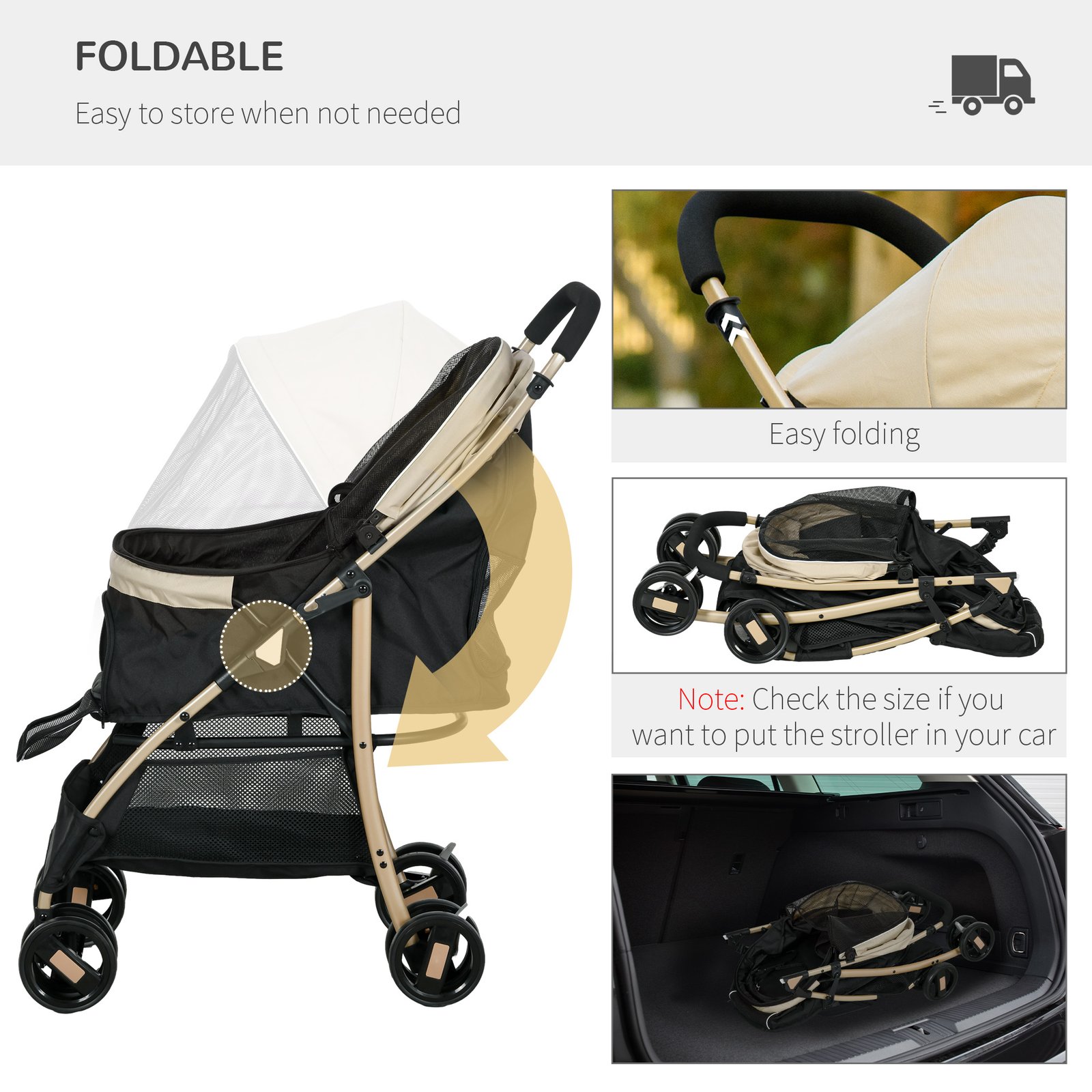 Pet Stroller for Small and Miniature Dogs, with Rain Cover - Khaki