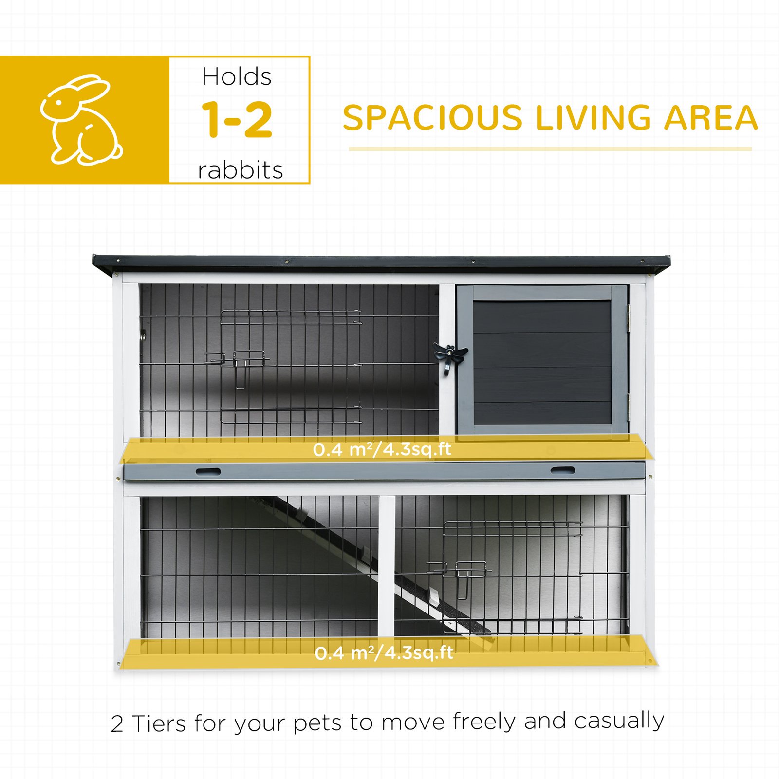 2-Tier Wooden Rabbit Hutch Guinea Pig House Bunny Cage Backyard w/ Openable Roof Small Animal House for Outdoor Grey, 108 x 45 x 78 cm