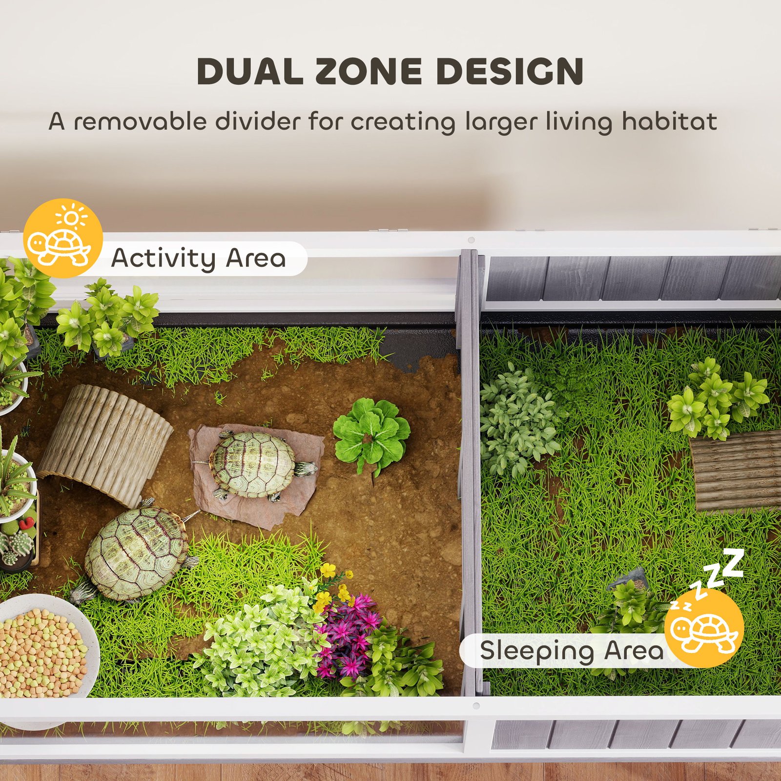 Wooden Tortoise House with Dual-Zone Habitat, Clear Panels, Openable Top, Metal Mesh, for Tortoises and Small Pets, Grey