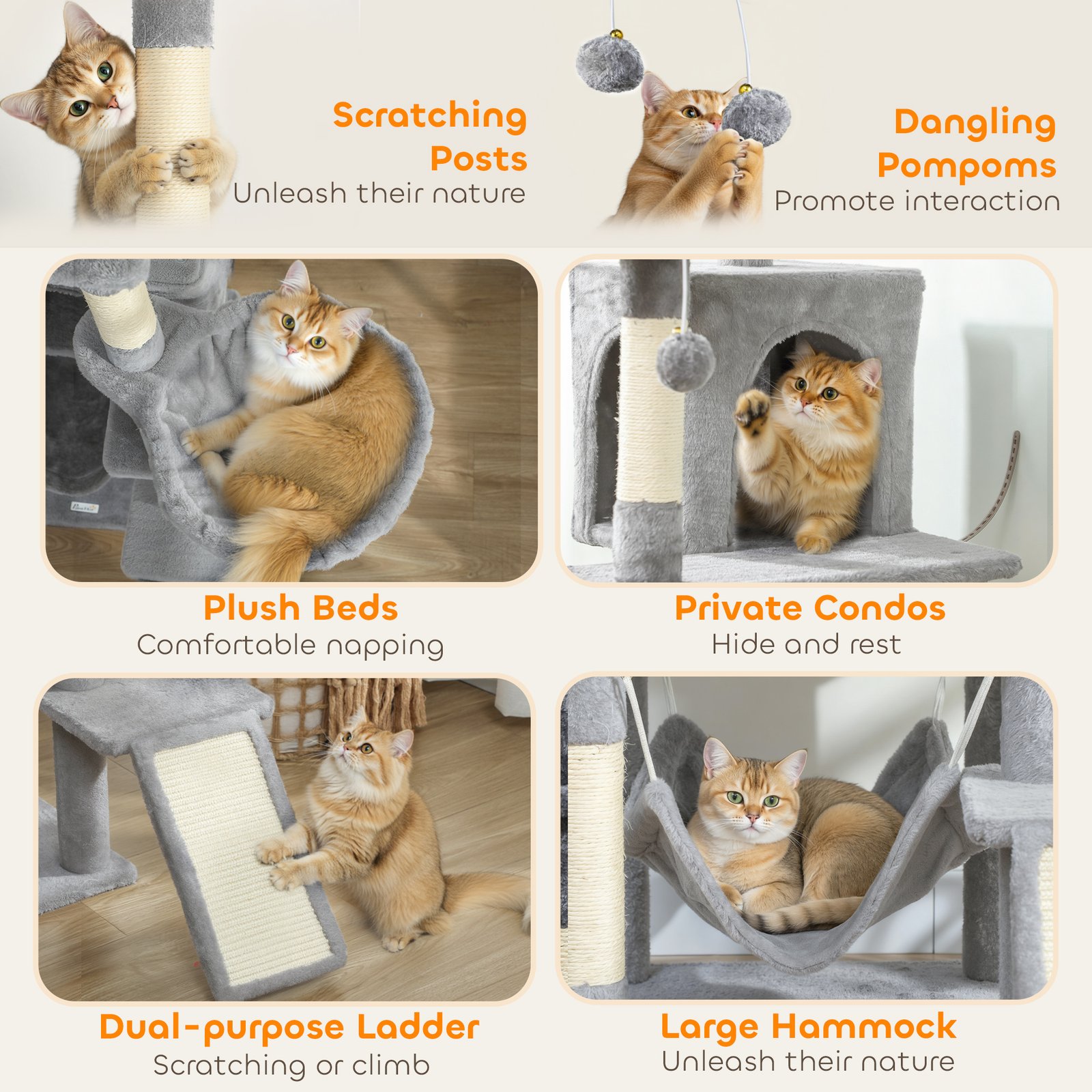 Cat Tree, 192 cm Large Multi-Level Cat Tower for Indoor Kittens with 8 Scratching Posts, 3 Plush Beds, 2 Hammocks
